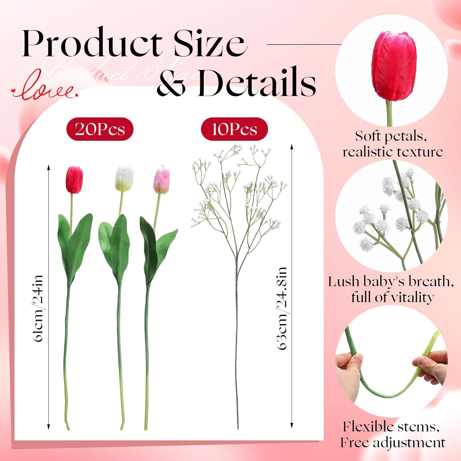 Hotop 30pcs 24 Inch Easter Artificial Flowers Easter Floral Decorations Artificial Tulip Fake Baby's Breath Flower Bouquet for Home, Wedding, DIY Gift Party(Deep Pink, Light Pink,White)