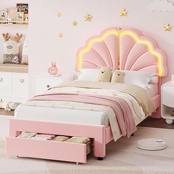 Twin Princess Bed Frame with Storage Drawers, Soft Velvet Upholstered LED Platform Bed with Adjustable Cute Shell Headboard, No Box Spring Needed, Noise-Free, Pink
