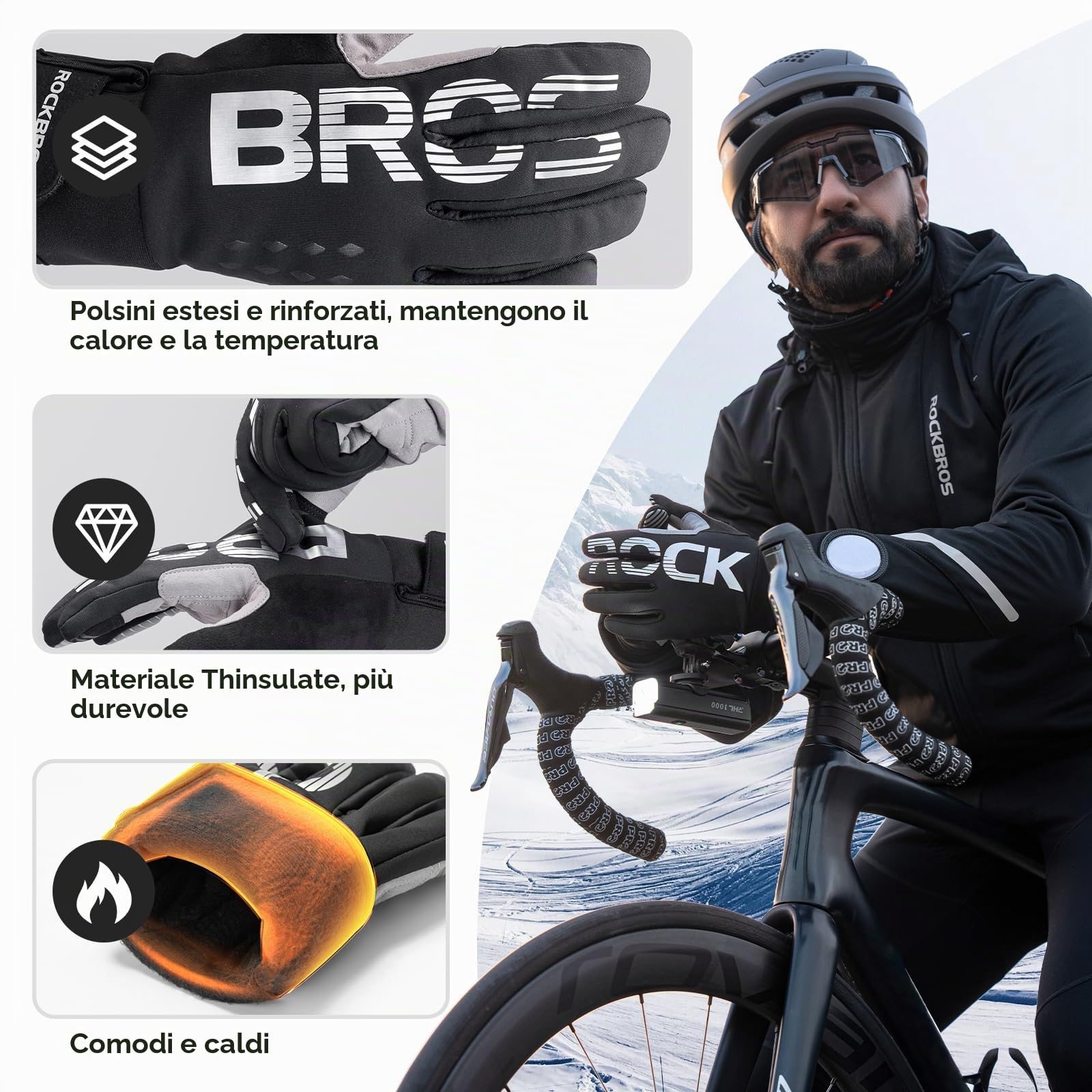 ROCKBROS Guanti Termici Invernali da Uomo e Donna, Guanti Bici Touch Screen per Corsa, Ciclismo, Arrampicata, Escursionismo, Sciare, Attività All'aperto