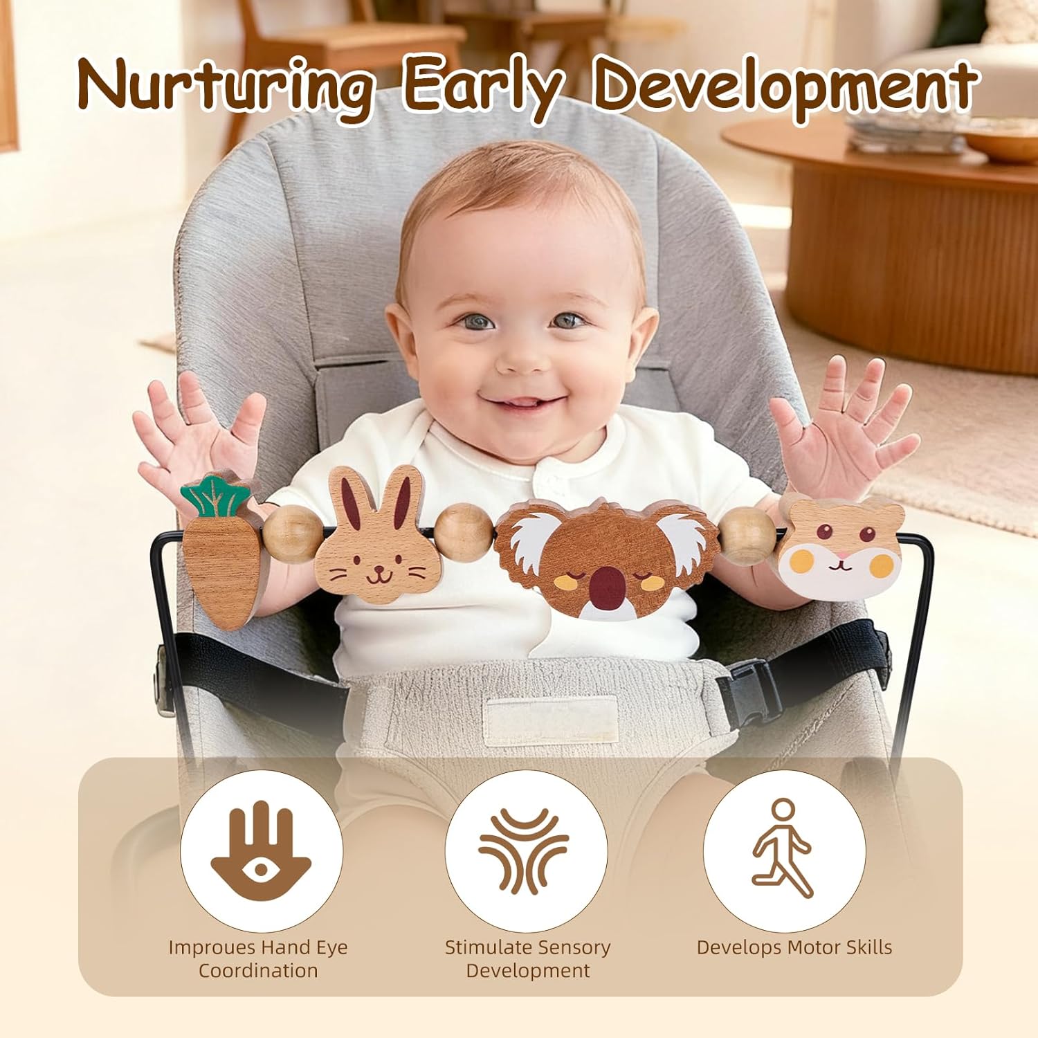 BEBOAN Baby Bjorn Bouncer Toy Bar - Toy Bar for Soft & Bliss Baby Bouncer, 360°Rotating Natural Wooden Toys, Easy to Attach/Remove Exciting Design for Curious Babies(Cute Animals)