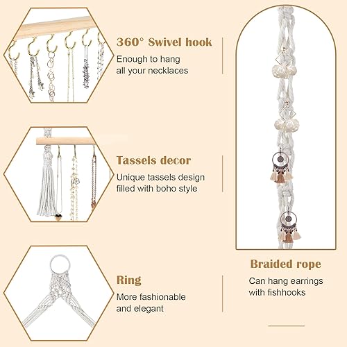 Miniatura 3 de Grathia Organizador de joyas colgante de macramé con 30 ganchos, estante para collares montado en la pared, colgador de collar con borla para