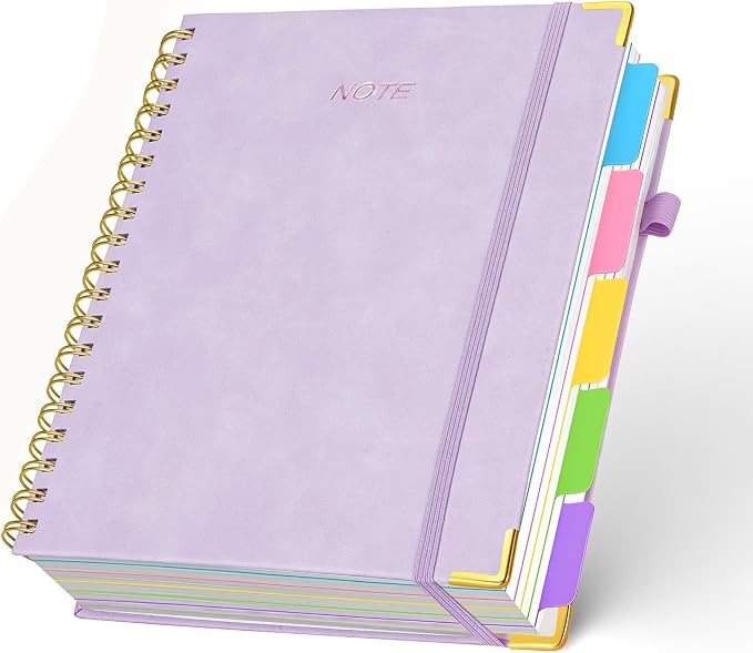 FREBLASO Spiral Notebook with Dividers, Purple, 300 Pages