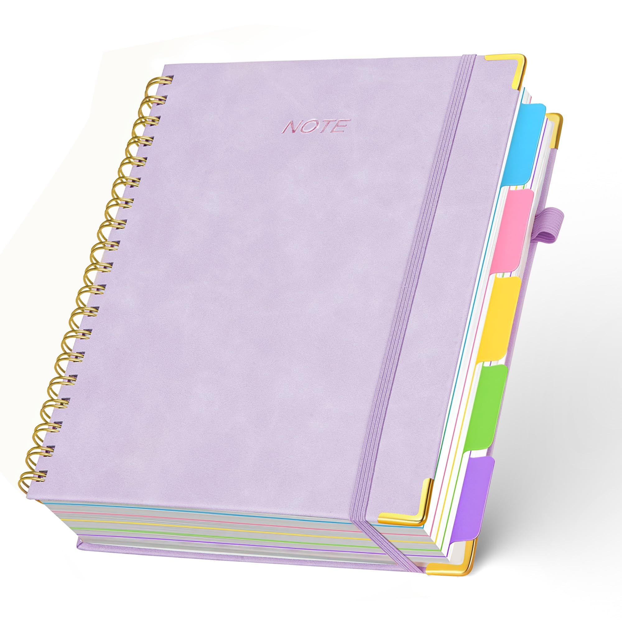 FREBLASO 5 Subject Notebook with Removable Dividers Tabs, 300 Pages Leather Hardcover Spiral Notebook College Ruled, 8"x10" Large B5 Notebooks for Work School, Lined Journal for Women,Purple