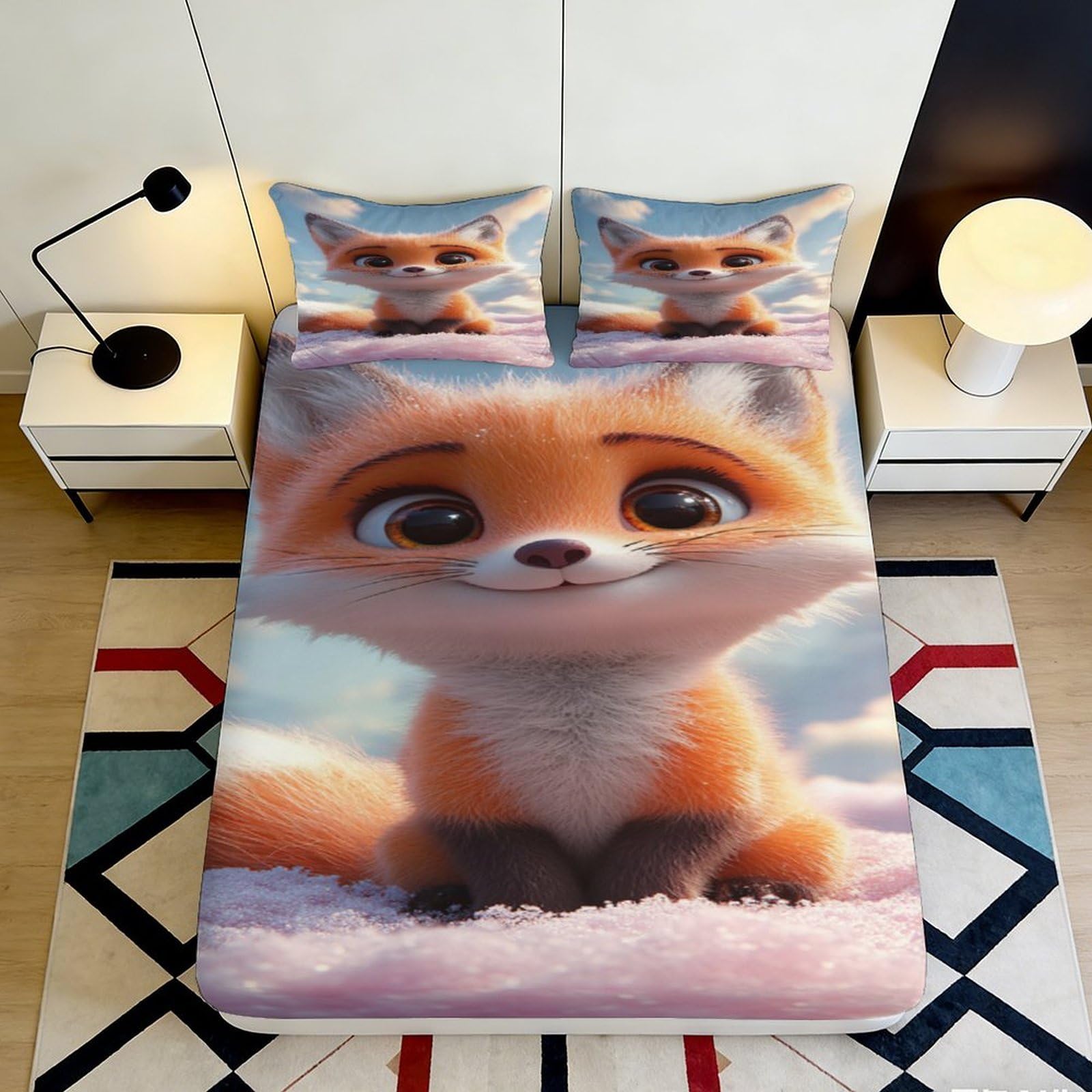 3D Printed Cartoon Fox Fitted Sheet Microfiber Deep Pocket Non-Slip Bedroom Bedding Fox Mattress Fitted Cover Wrap Washable for Adult Teen 200x200x25cm 90x200x25cm
