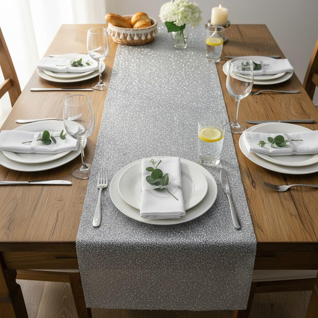 Biznest Silver Xl Sparkly Crushed Crystal Diamond Dining Table Runner Table Mat 120X40cm
