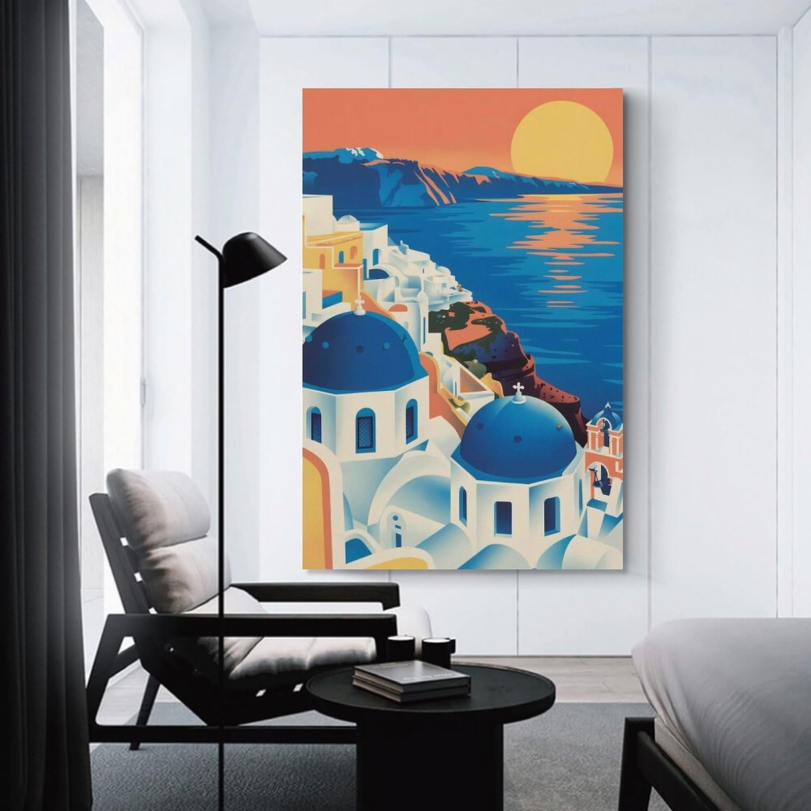 Junmoney Wall Art Print Santorini Greece Illustration(2), 24x36inch(60x90cm), for Study, Office Or Focused Interiors, Decorative Artwork for Productive Spaces