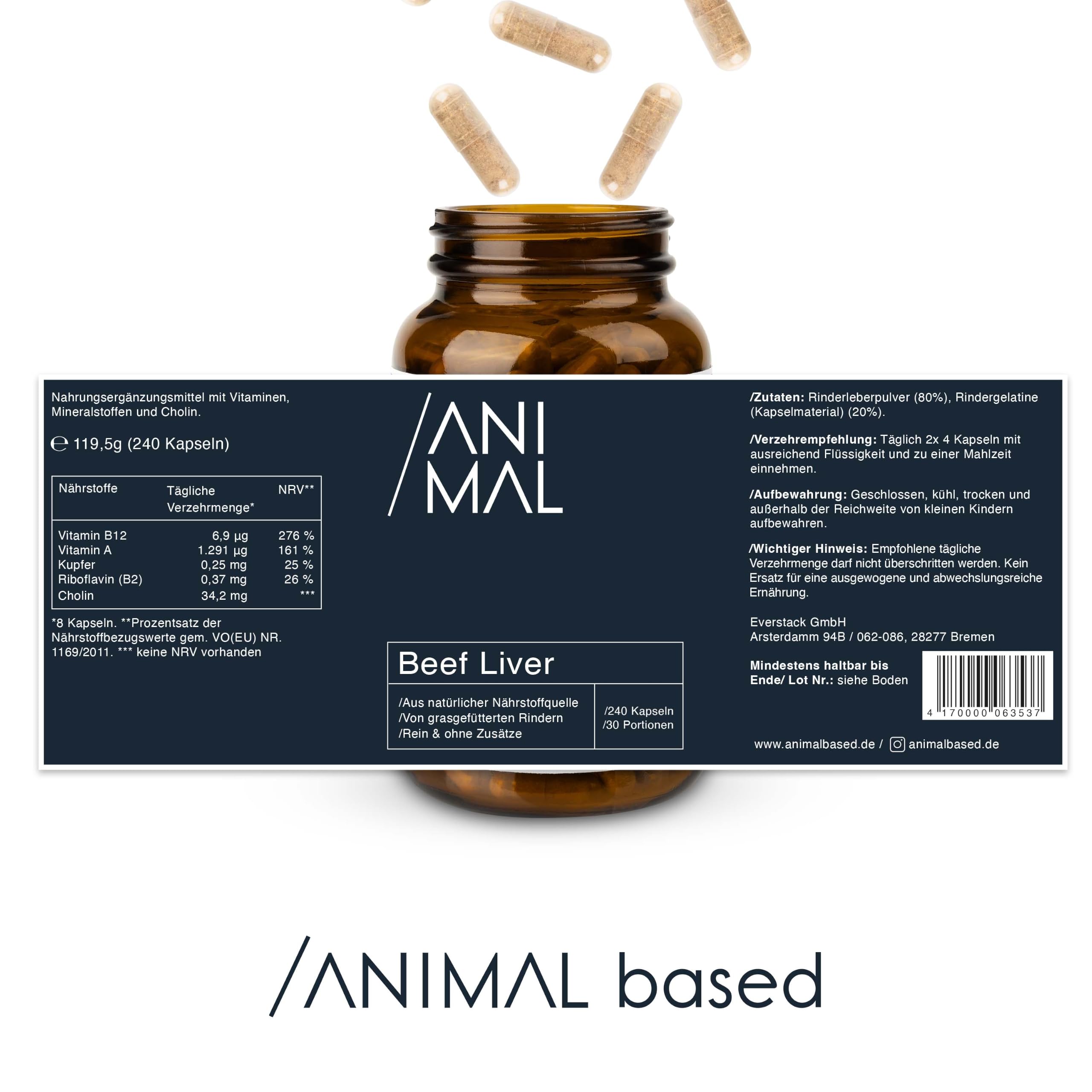 Animal Based Rinderleber [240 Kapseln] - Natürliches Eisen, Vitamin A, B12, Kupfer - Grass Fed Beef Liver - Weidequalität aus Neuseeland - Optimale Nährstoffaufnahme - Halal zertifizierte Rohstoffe
