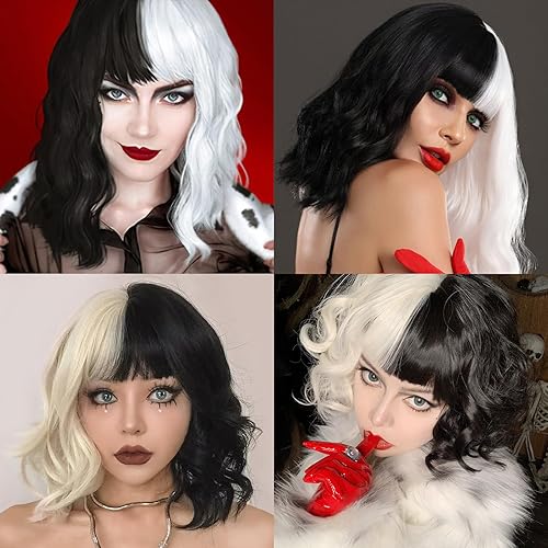 Miniatura 7 de AGPTEK Pelucas sintéticas onduladas para cosplay de 15.7 pulgadas, peluca de Cruella Deville, fibra resistente al calor, textura suave y lisa,