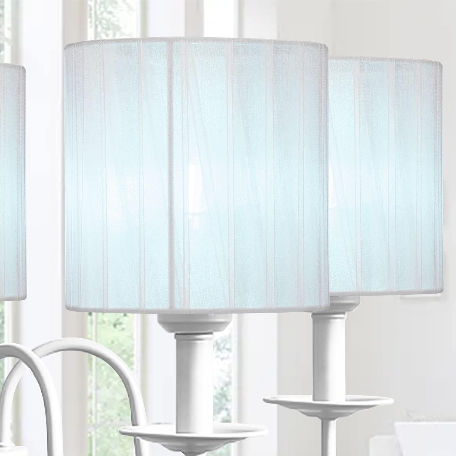 LAMPWELL LYON Clip-on Chandelier Organza Fabric Lamp Shades,Set of 6,Small Drum,5.2"×5.2"×H5.2", Organzy Ribbon, Handmade,Modern Trendy Decorative,ONLY FOR CANDLE BULB,Light Blue