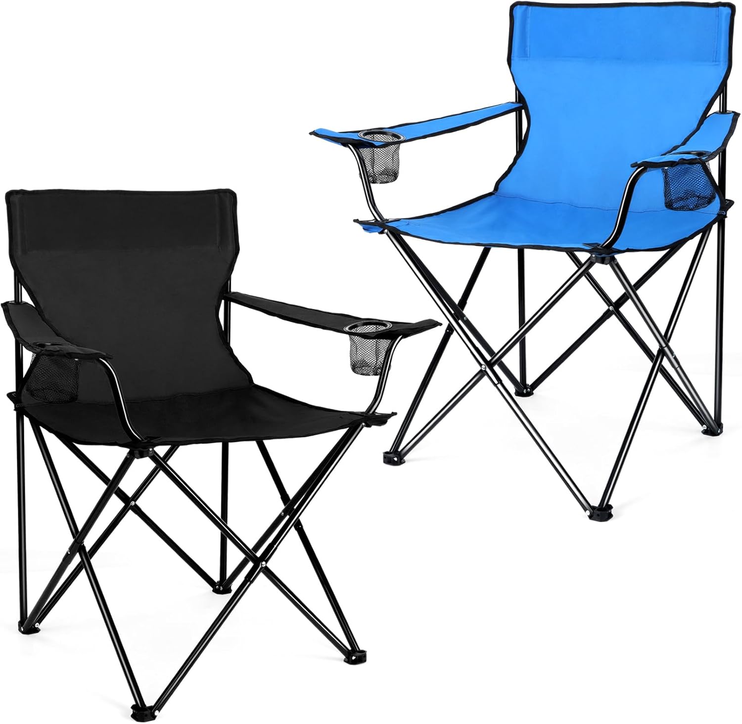 joyfair portable camping chair, outdoor lawn folding chairs for adults, heavy duty large foldable chairs for beach, fishing, tailgating outdoor sport, 2 cup holders & carry bag 2 black & blue