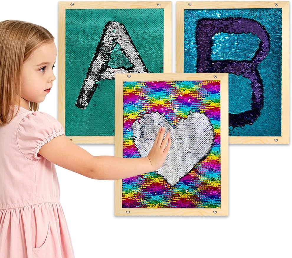 MaHonestFelt Fashion Watch 3 Pcs Sensory Toy Reversible Sequin Flip Fabric Mat with Wood Frame, 3 Sizes Set for Kids Creativity, Durable Sensory Fun Wall Panels for Home, Classroom, Playroom