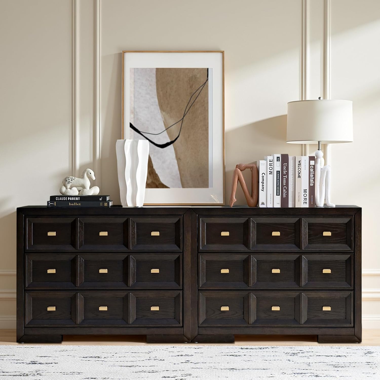 HULALA HOME Solid Wood Nightstand Set of 2 with Soft Fabric-Lined Top Drawer, 3 Drawer and Metal Knobs Bedside Tables, Contemporary Geometric Night Stand with Charging Station, Black