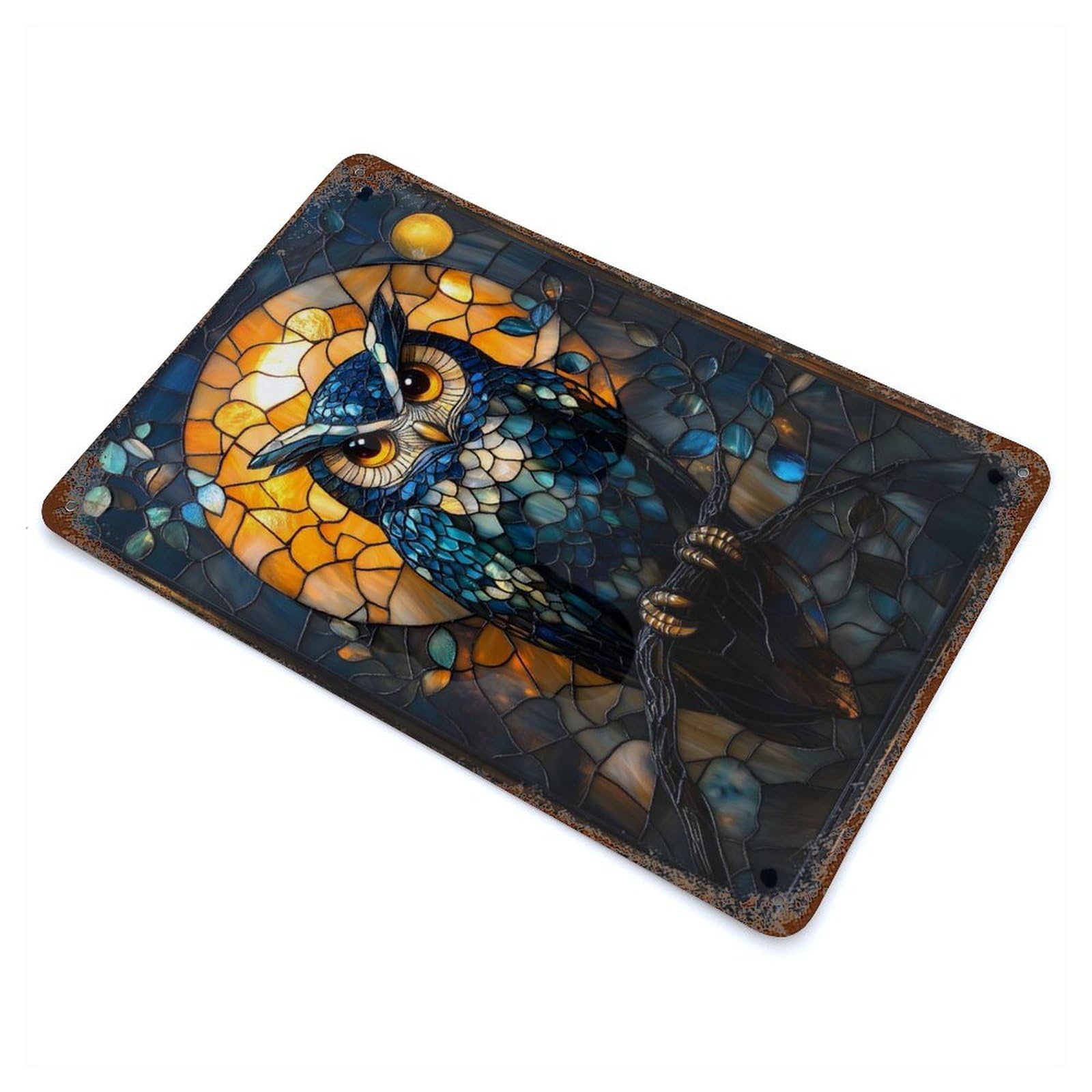 Garage Style Stained Glass Owl Rusty Metal Tin Sign 11.8"x7.9", Farmhouse Wall Decor for Bar And Workshop