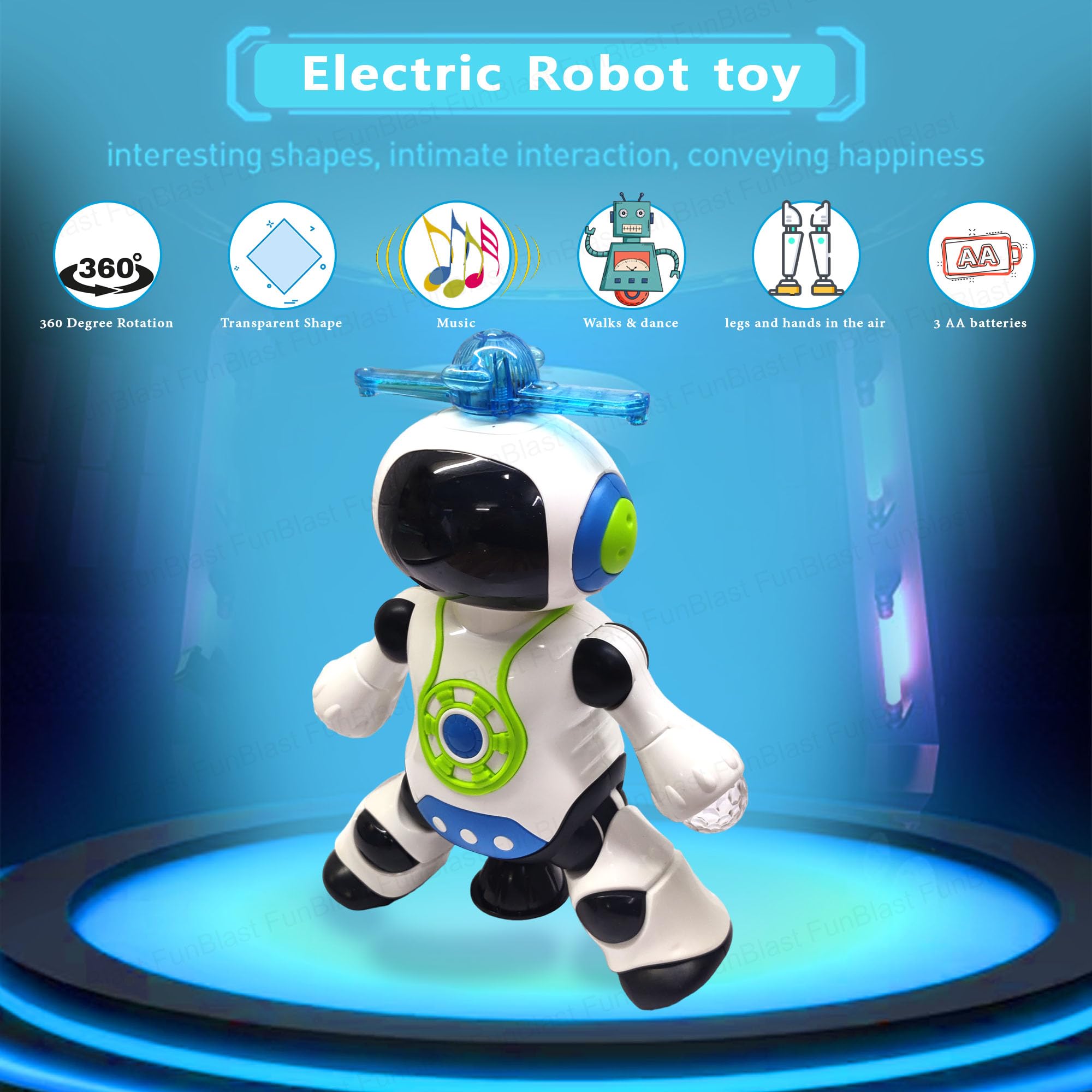 FunBlast Dancing Robot with Music, Robot for Kids with 3D Flashing Lights, 360 Degree Rotation Toy Robot for Kids -Plastic,Multi color,Pack of 1 - Image 8 thumbnail