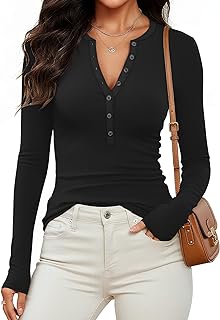 Prettywear Camisetas Henley de manga larga para mujer, ropa de otoño, ajustada, casual, para el trabajo, básica, linda, con botones, cuello en V
