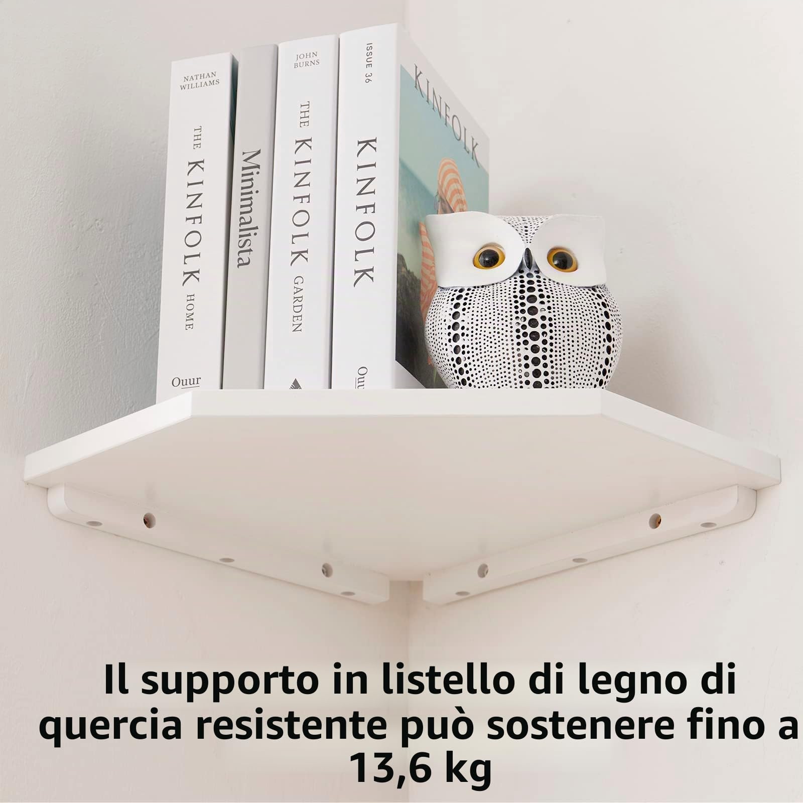 Set di 2 mensole angolari bianche in legno massello di quercia bianca, mensole ad angolo galleggianti, organizer da parete con foro per filo metallico, per esporre piccole piante, per cucina