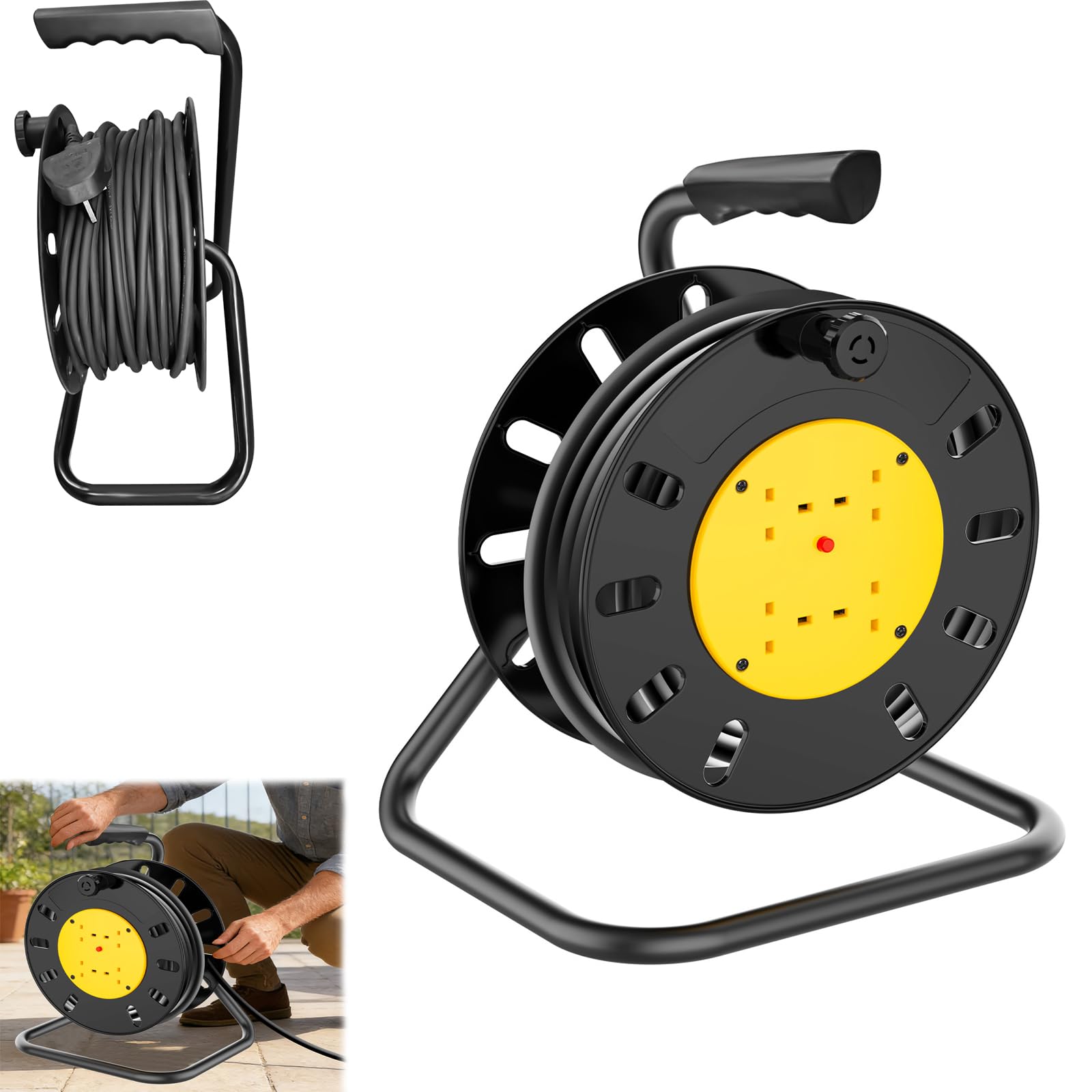 Kabeltrommel Verlängerungskabel 50m, Outdoor Steckdose mit 4 Steckdosen, Automatik Kabeltrommel Verlängerung, Werkstatt Kabelaufroller, Thermoschalter und Kabelhalter, Verlängerungskabel außen