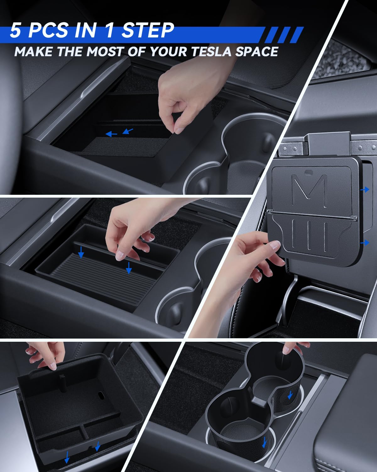 5 Pcs Zubehör für Tesla Model 3 2024-2026 Mittelkonsole Organizer, Silikon Organizer Tray, Armlehne Aufbewahrungsbox, Versteckte Box und Getränkehalter