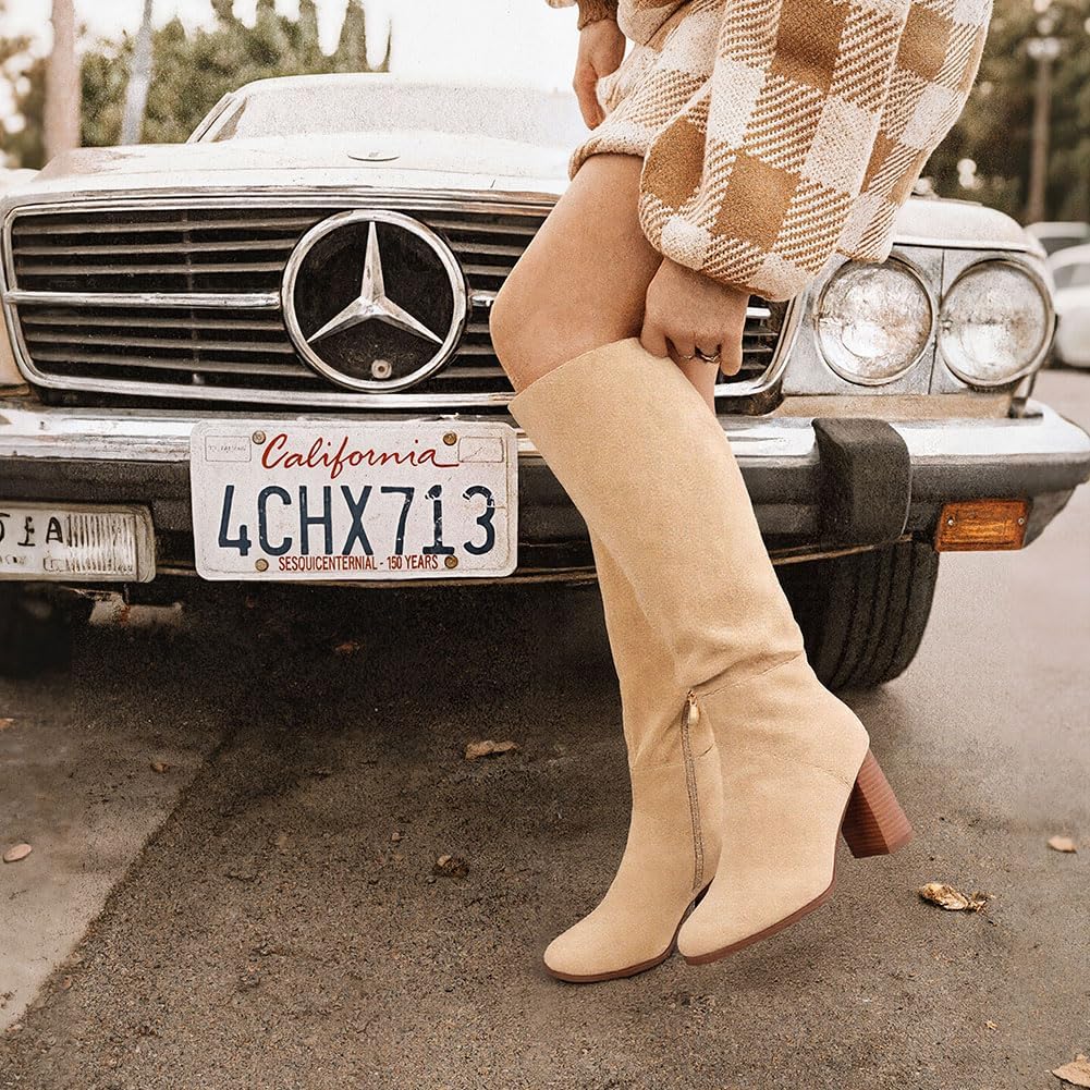 Knee High Boots Women Fall Winter Faux Suede Square Toe Chunky Block Heel Wide Calf Boots Fashion Side Zipper Long Boot - Image 3