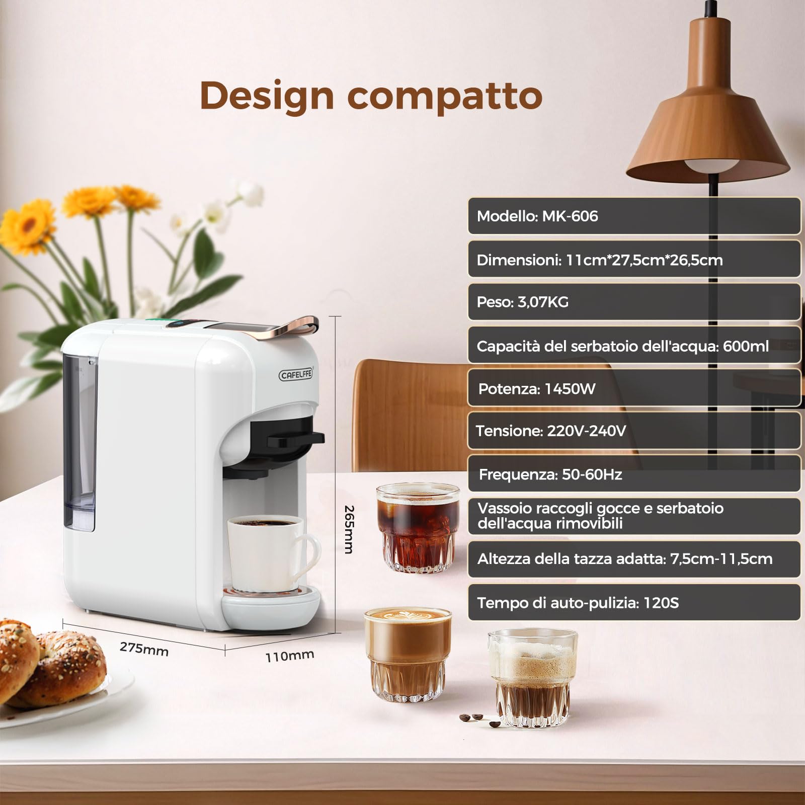 CAFELFFE MK-606 - Macchina da caffè a capsula-capsula 5 in 1, 19 bar, macchina per caffè espresso a preparazione calda/fredda, compatibile con K-Cup/Nes Original/DG/44 mm, ESE Pods & macinato, 7