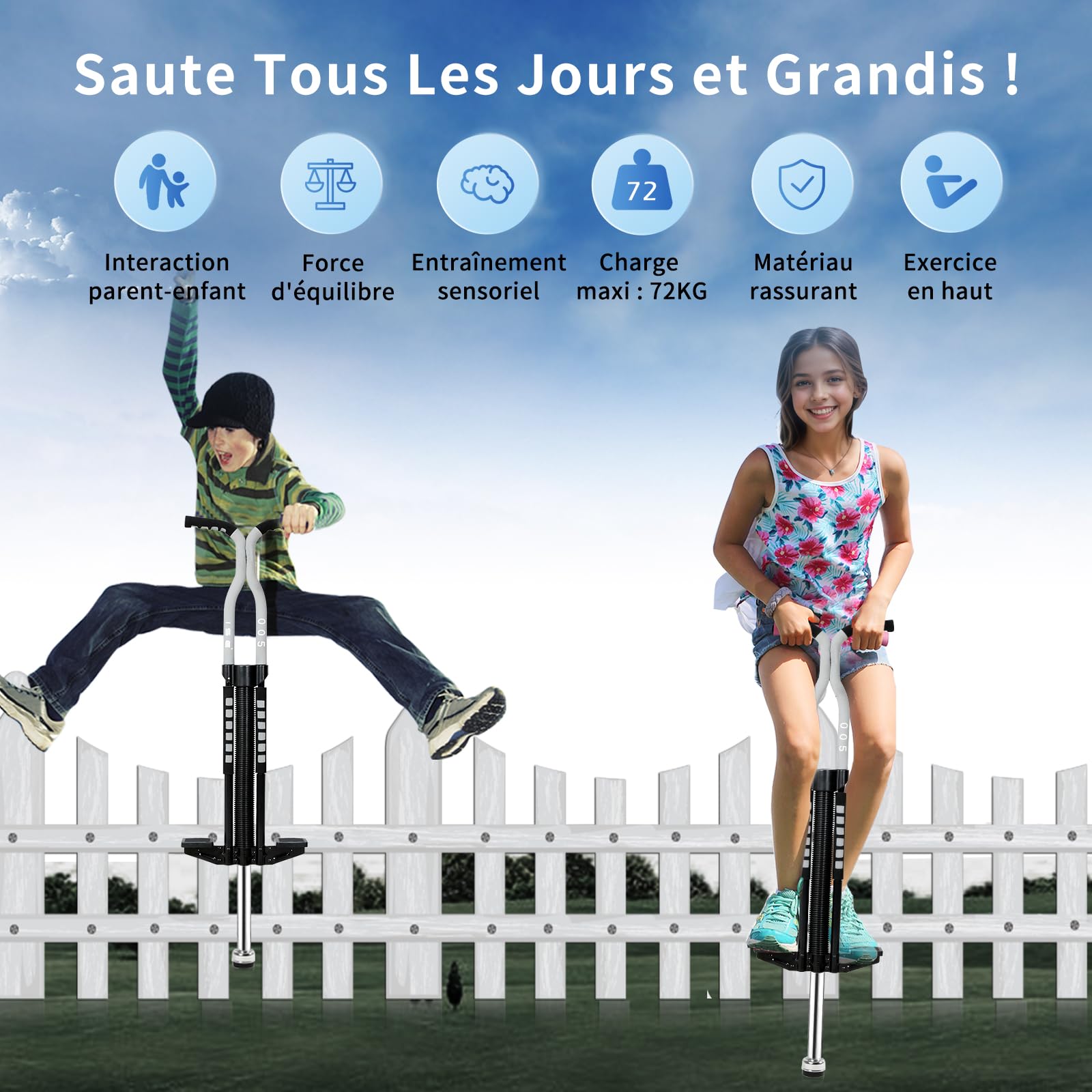 ISE Bâton Sauteur Enfant, Baton de Saut, Baton Sauteur Enfant, Jeux d'Extérieur, Divertissement Parents-Enfants et Jeux Amusants, Jouets d'Extérieur pour Enfants, SY-ST005 (Gris) Cadeaux de Fêtes