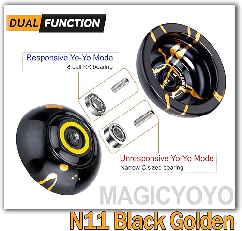 Miniatura 2 de MAGICYOYO Aleación profesional Yoyo N11 Yoyo - Rodamientos de bolas YoYo de metal con bolsa, guante, 12 cuerdas Yoyo y rodamiento sensible (negro