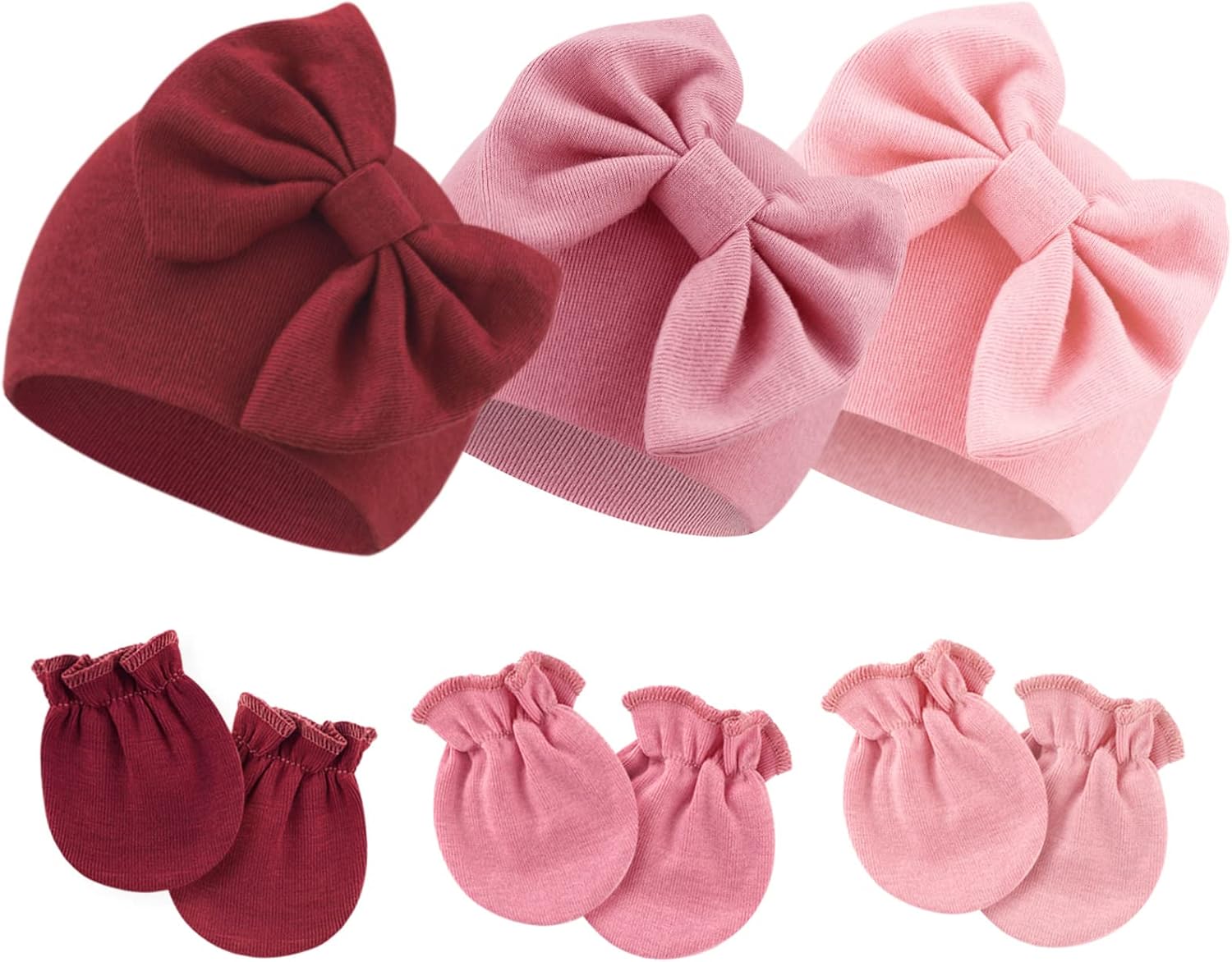 BQUBO Newborn Girls Hats Baby Hat and Mittens Set Infant Caps Bow Hospital Beanie with No Scratch Mittens for Baby Boys Girls