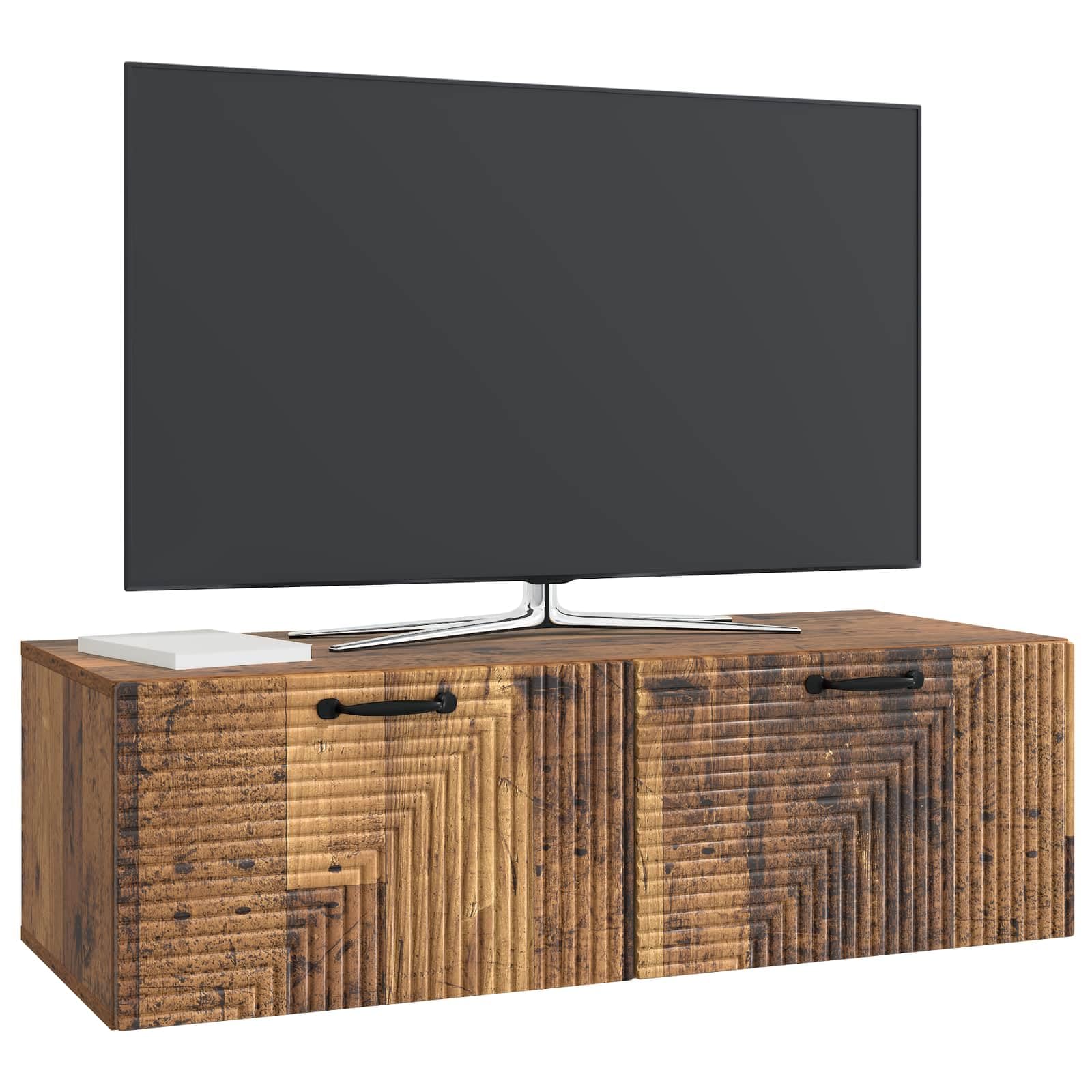 Mueble de TV de pared con aspecto de madera envejecida, 98 x 41 x 30 cm, mueble suspendido de madera, mueble de TV colgante con 2 puertas para salón, soporta hasta 60 kg