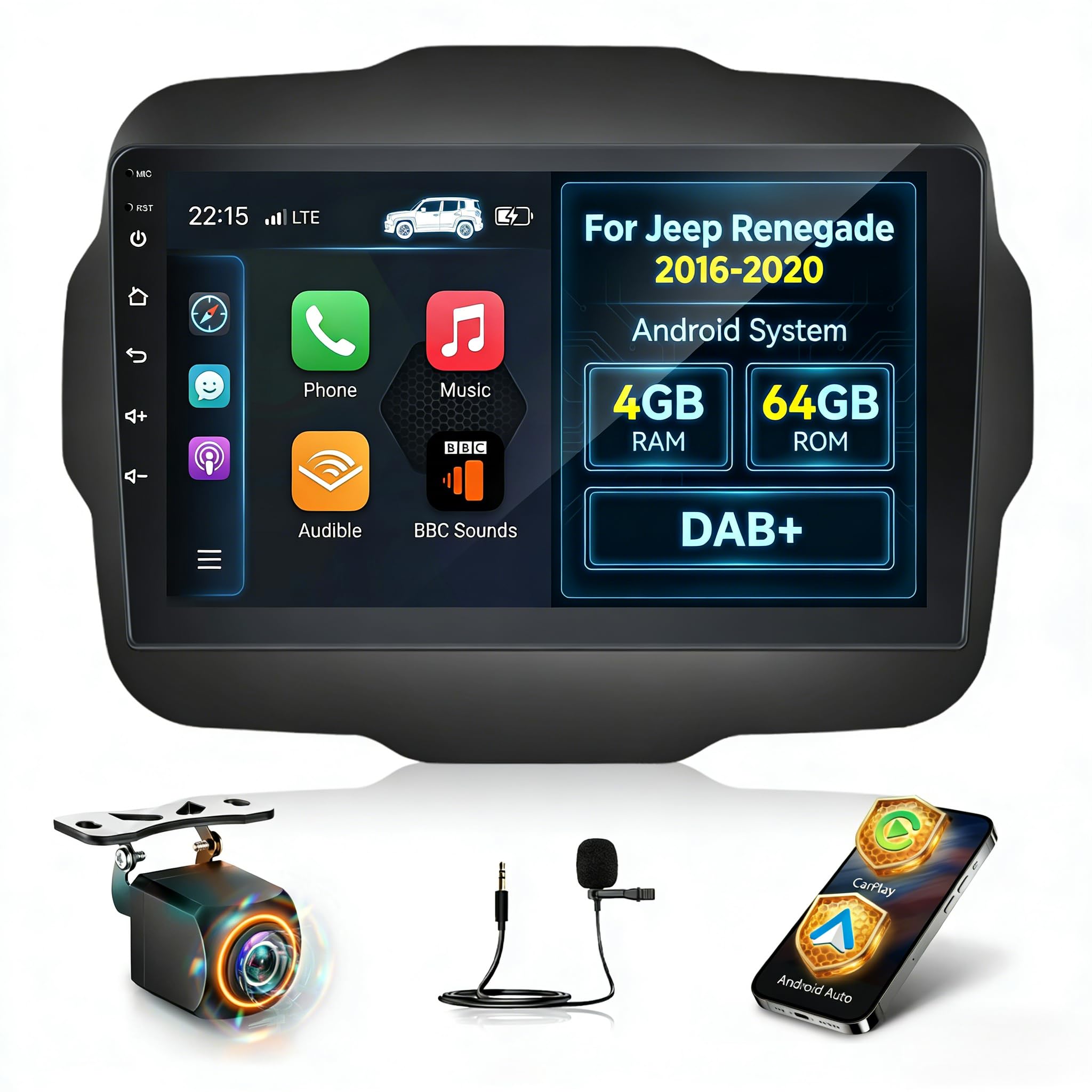 NHOPEEW Qualcomm 8 core 4+64G DAB/DAB+ Autoradio per Jeep Renegade 2016-2020 – Radio da 9 pollici con supporto Carplay e Android Auto, WLAN e GPS, ventola DSP + telecamera posteriore