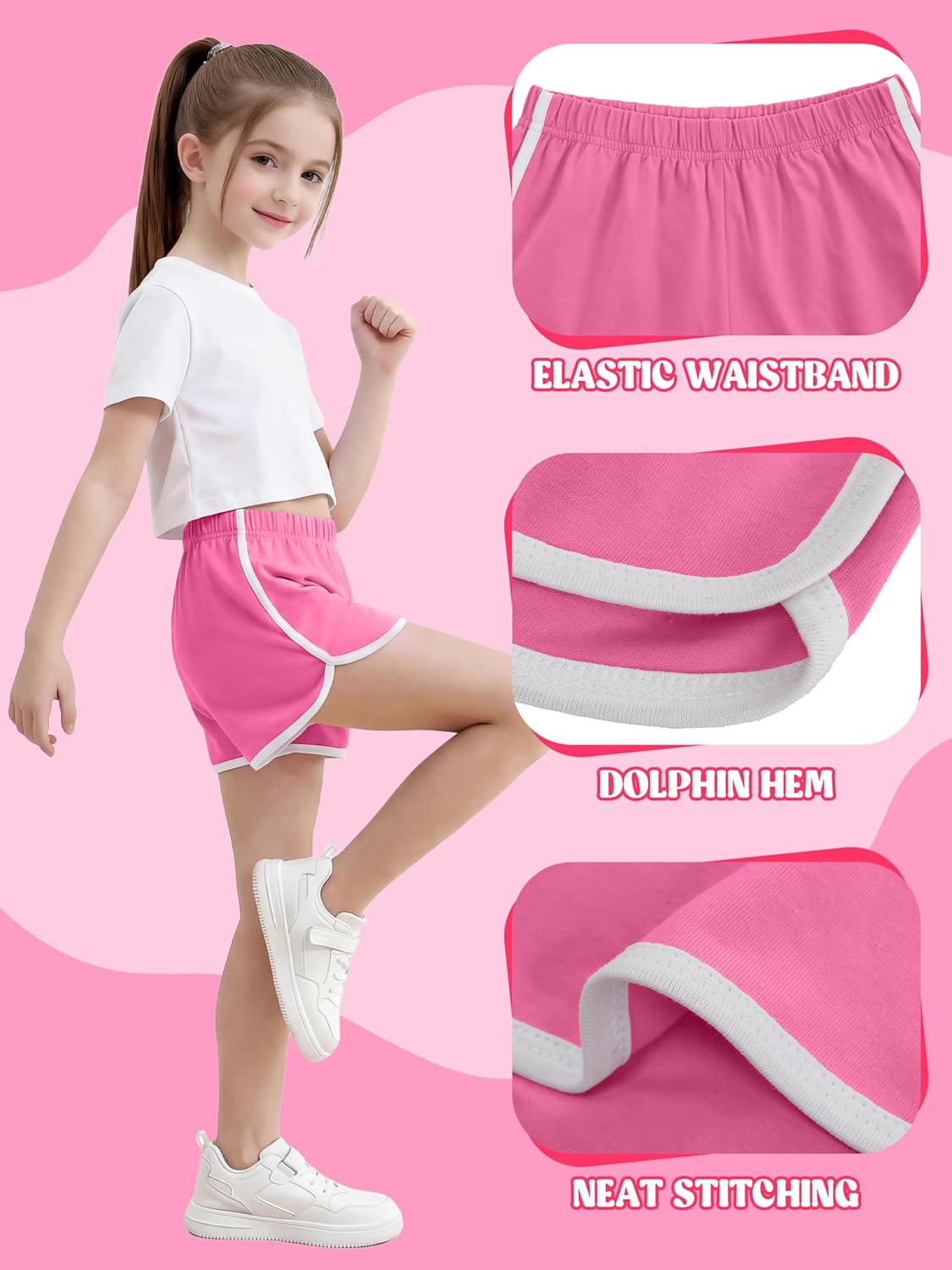 Poroka 6 Pack Girls Cotton Athletic Shorts Toddler Summer Dolphin Running Sports Shorts Kids Casual Active Short