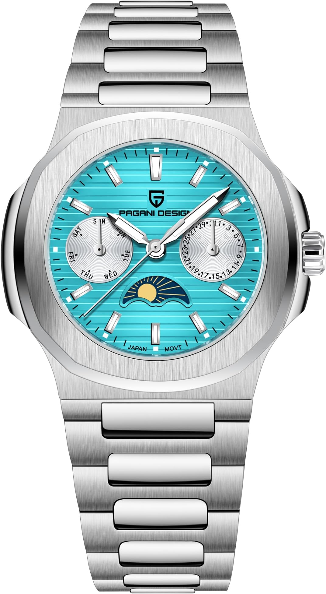 Pagani Design Luxury Women's Quartz Watch Multifunctional Chronograph Moon Phase VX3H Movement Full Stainless Steel Waterproof Luminous Elegant Lady Sport Wristwatch