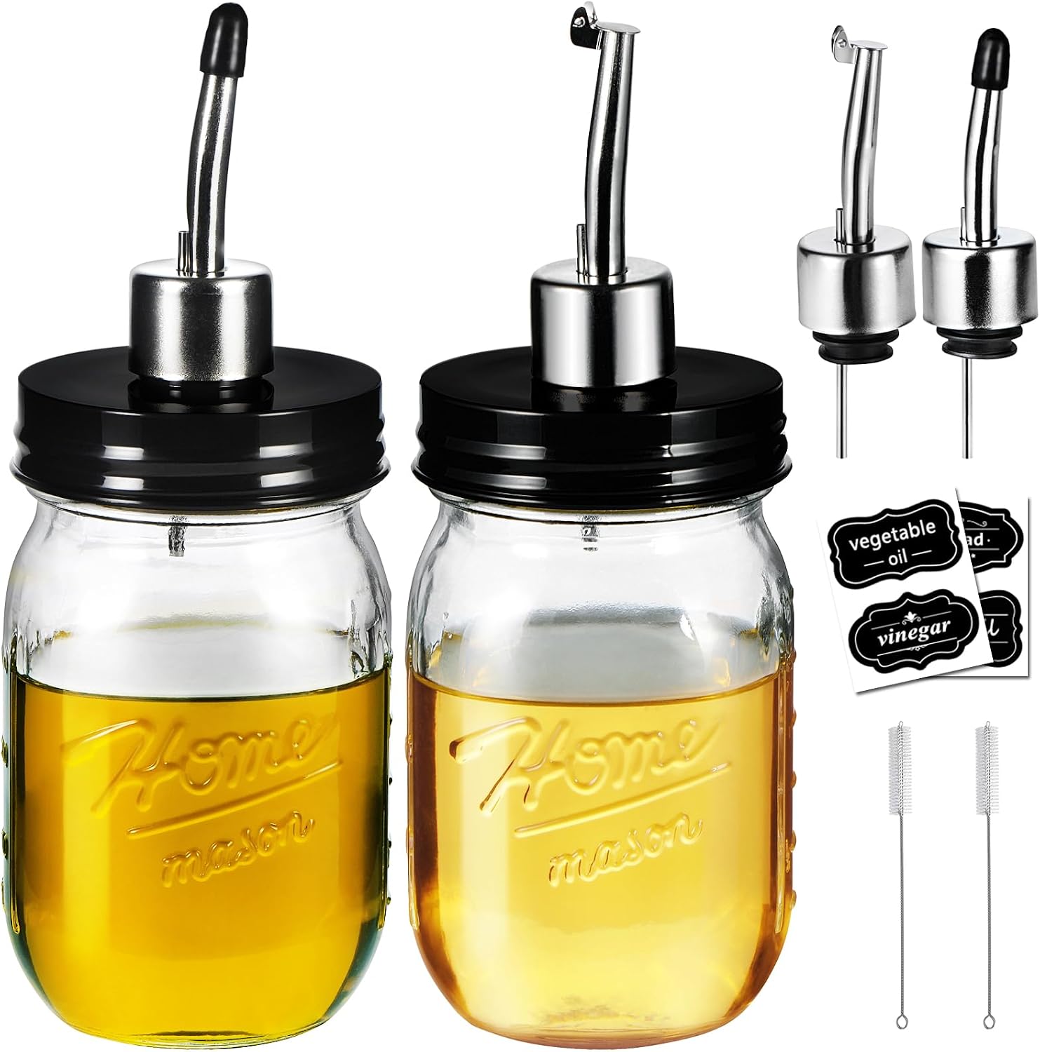 SheeChung Oil Dispenser Bottle for Kitchen, Mason Jar Glass Olive Oil Bottle, 16oz Vinegar Dispenser Set with Brush, Stainless Steel Pour Spout, Rustic Farmhouse Kitchen Decor 2 Pack