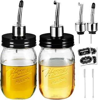SheeChung Oil Dispenser Bottle for Kitchen, Mason Jar Glass Olive Oil Bottle, 16oz Vinegar Dispenser Set with Brush, Stainless Steel Pour Spout, Rustic Farmhouse Kitchen Decor 2 Pack