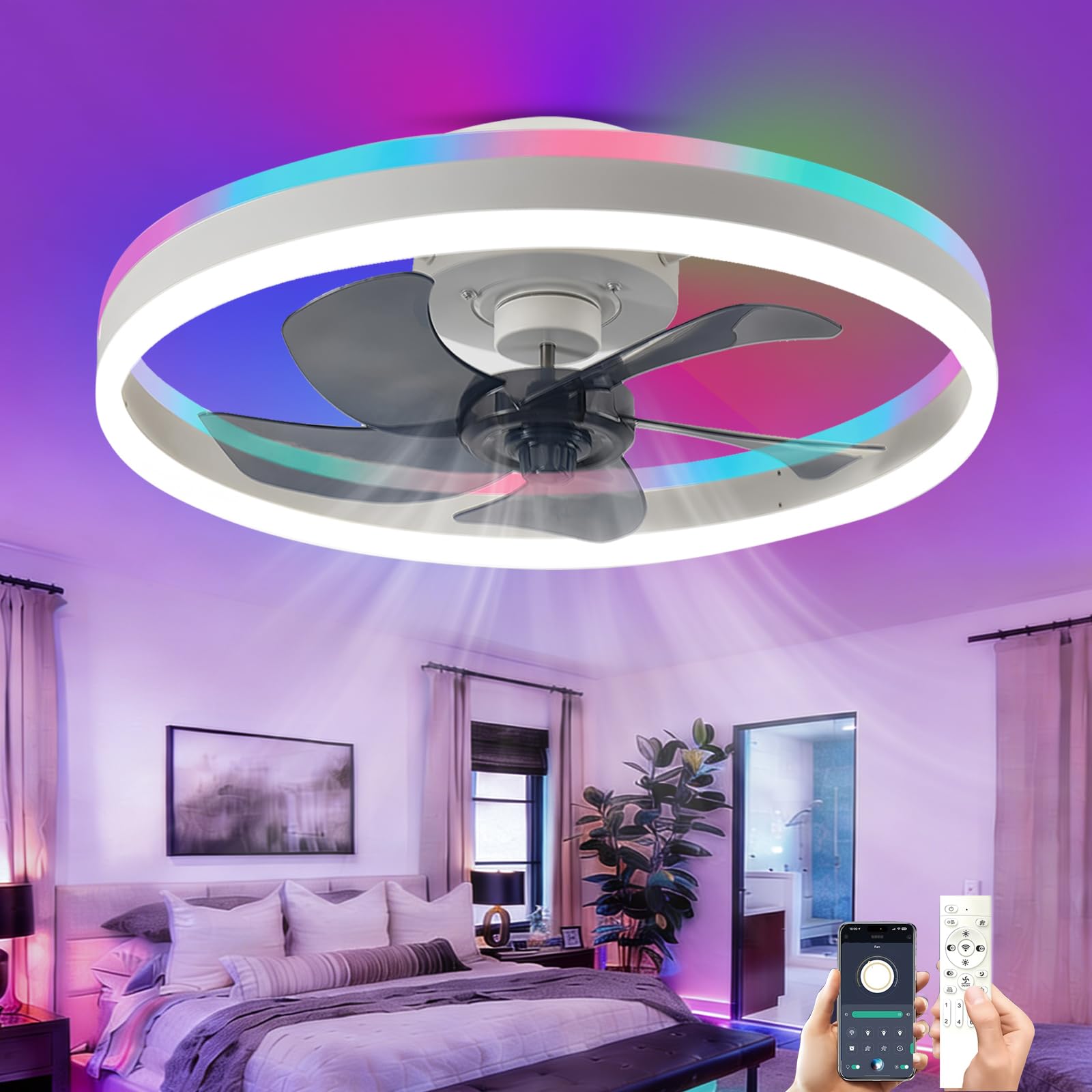 50cm RGB Ventilatore da Soffitto con Luce e Telecomando 73W Bianco | Silenzioso Plafoniera con Ventilatore per Camera da Letto Soggiorno Timer LED Lampadario Ventilatore 6 Velocità 3000-6500K