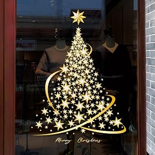 Gold Christmas Tree Window Clings for Glass Large Golden Xmas Tree Decals Removable Sticker for Glass Wall Mural Door Showcase DIY Christmas Decor (B)