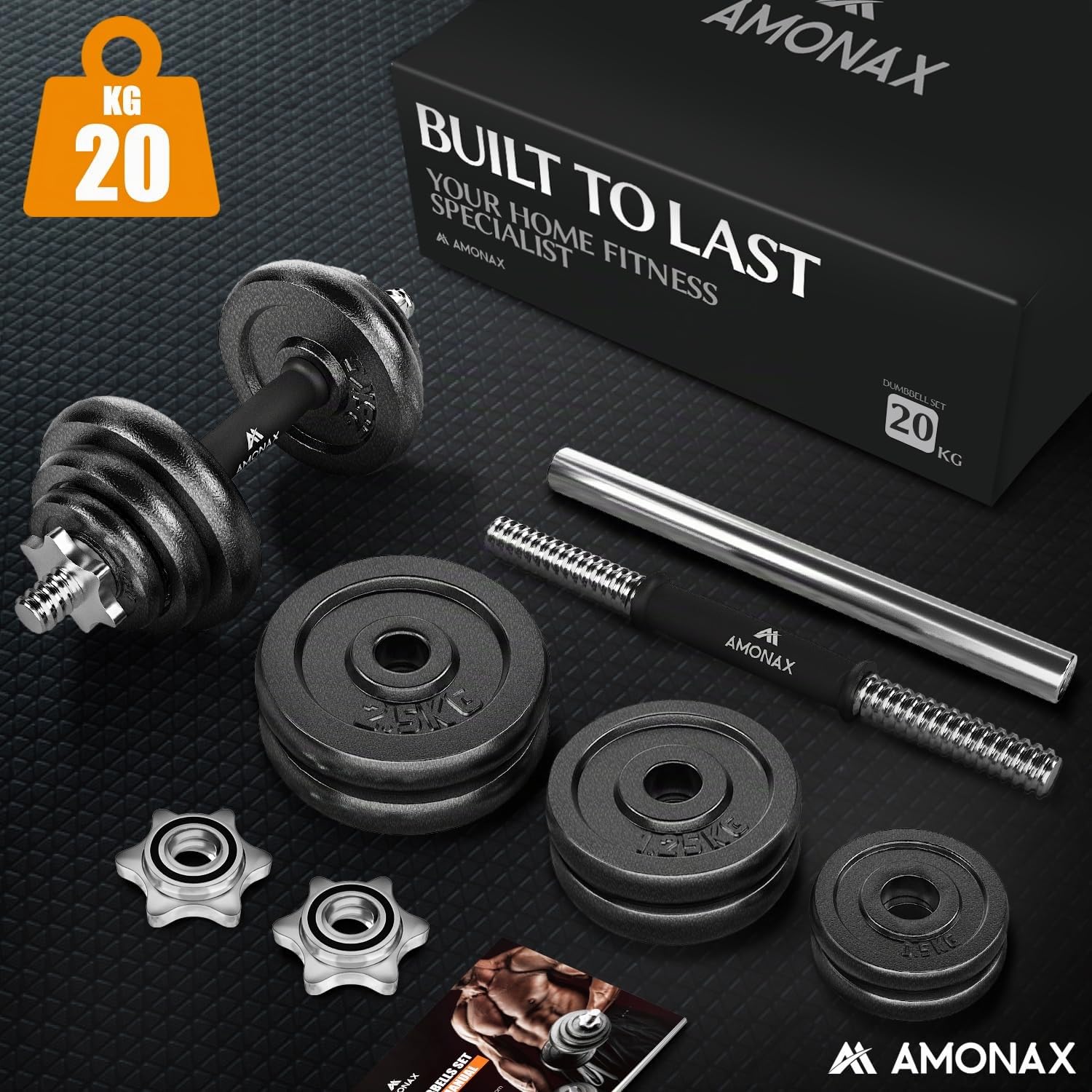 Amonax haltere musculation 15 20 30 kg, alteres barre poids musculation reglable homme femme, sport maison materiel poids à domicile haltérophilie, set haltères de fitness dumbbell kit
