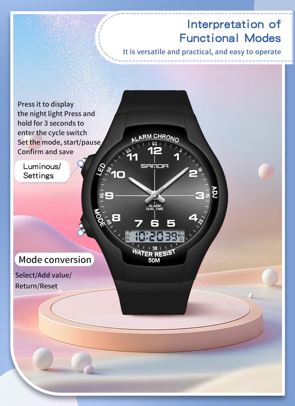 Gosasa Montre de sport analogique et numérique double fuseau horaire étanche jusqu'à 50 m Alarme chronographe Rétroéclairage LED Montre bracelet en silicone