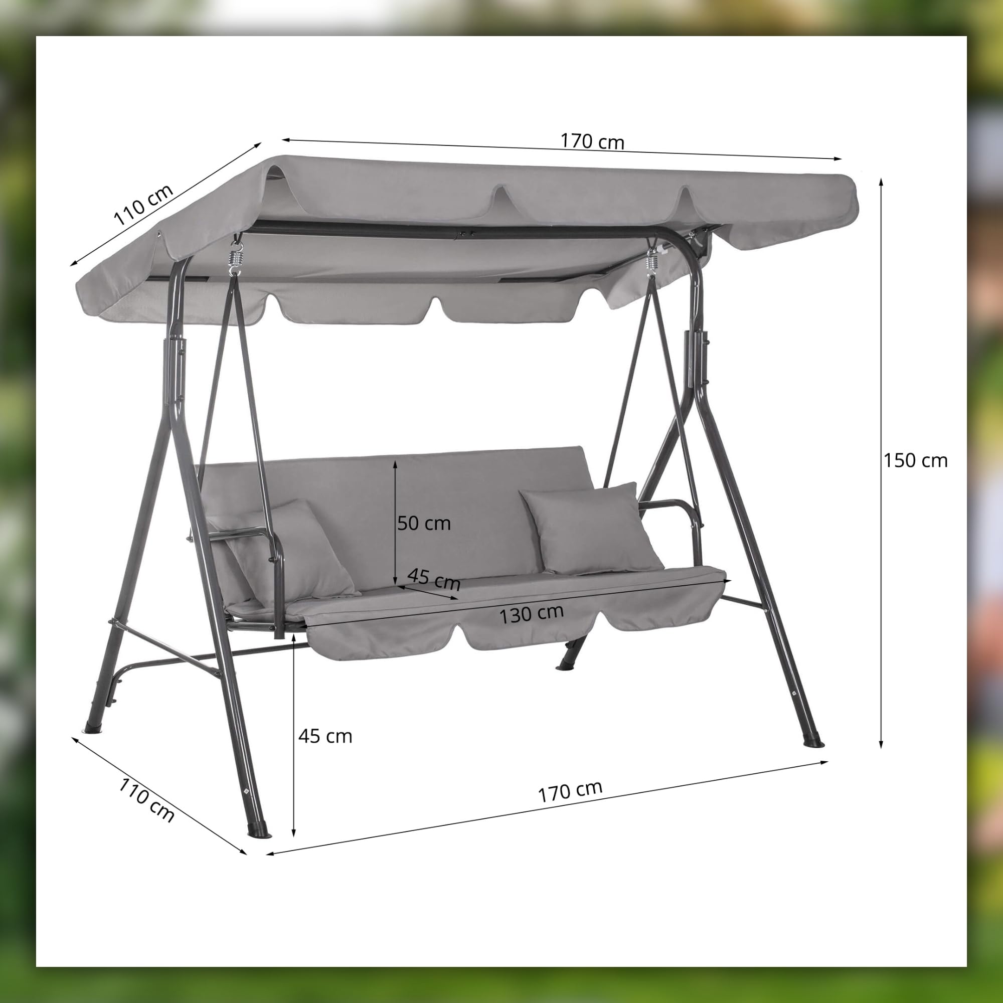 Springos 3-Personen Garten-Hängesessel mit verstellbarem Dach, wasserdichtem Stoff, Rostschutz, 220kg Tragfähigkeit, Stabiler Stahlrahmen, Komfortable Polster, Antirutschfüße - 110x170cm, Grau