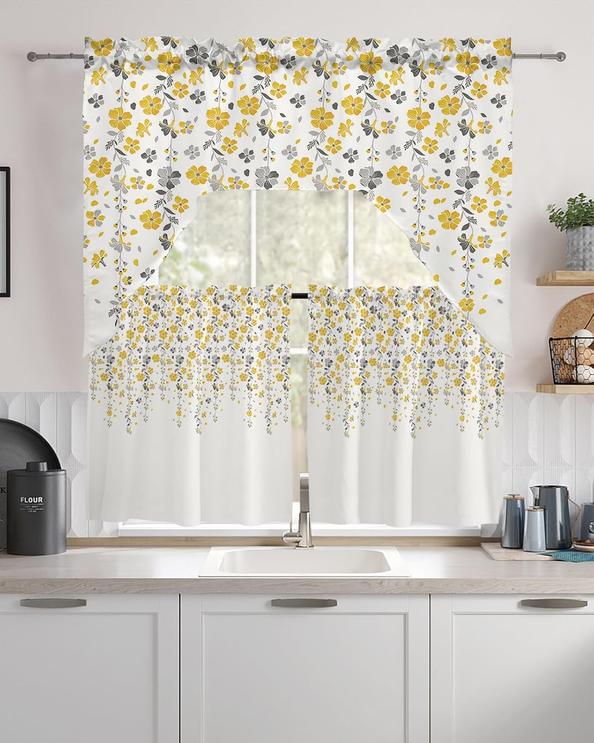 Floral Leaf Swag Kitchen Curtain Sets with Valance,3 Pieces