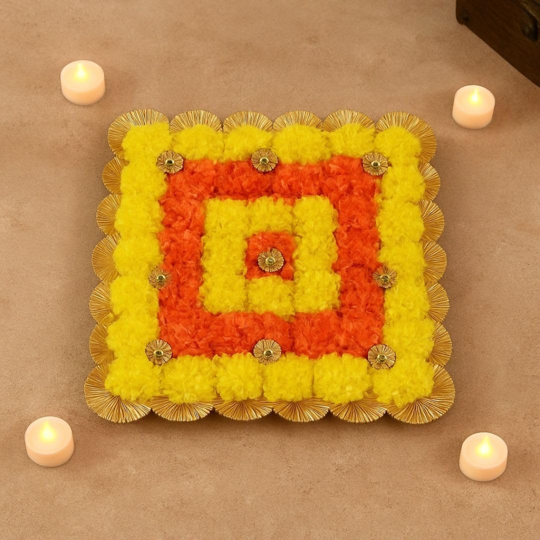 SATYAM KRAFT 1 Pc (32 cm) Square Artificial Genda Marigold Rangoli Mat – Handmade Flower Pooja Aasan Mat for Diwali, Dhanteras, Lakshmi Pooja, Mandir, Festival, Home Floor & Entrance Decoration