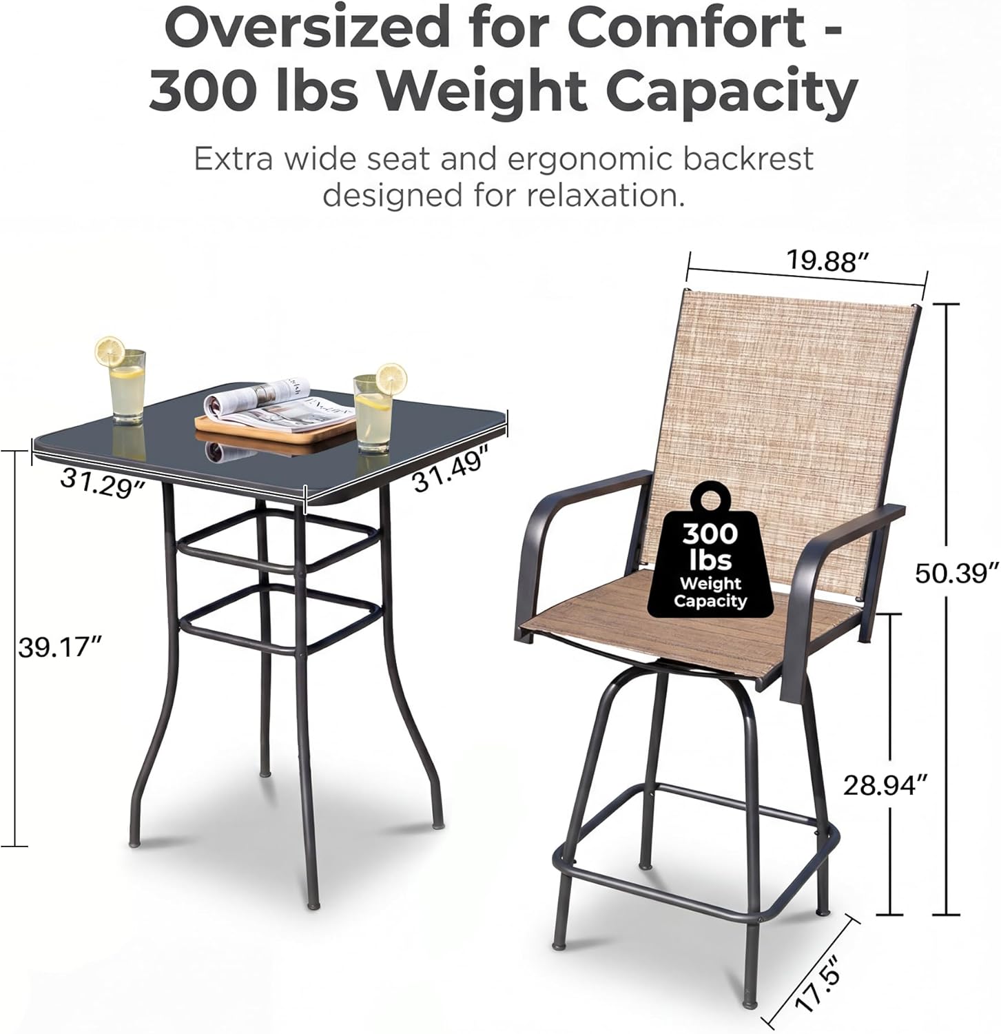 Greesum 3-Piece Patio Bar Set, High Top Table & 2 Swivel Bar Stools with Textilene Fabric, Outdoor Bistro Furniture for Balcony, Backyard, Poolside (Brown)