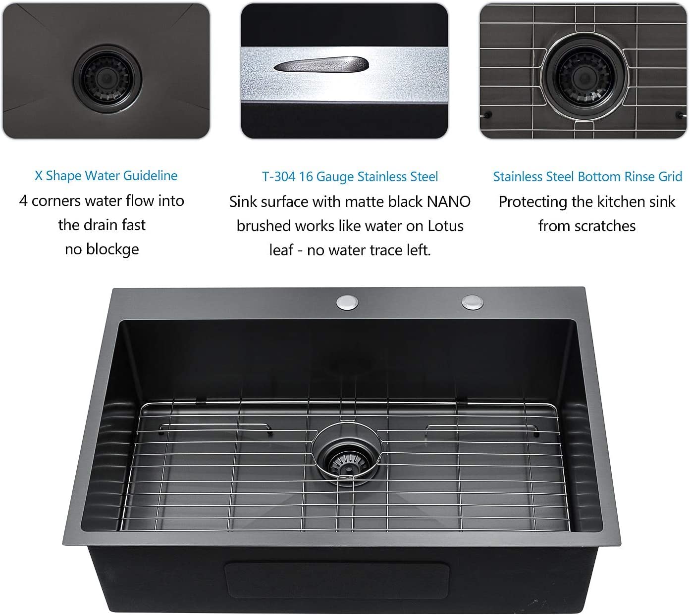 Buy Black Kitchen Sink Lordear 33x22 Gunmetal Black 16 Gauge