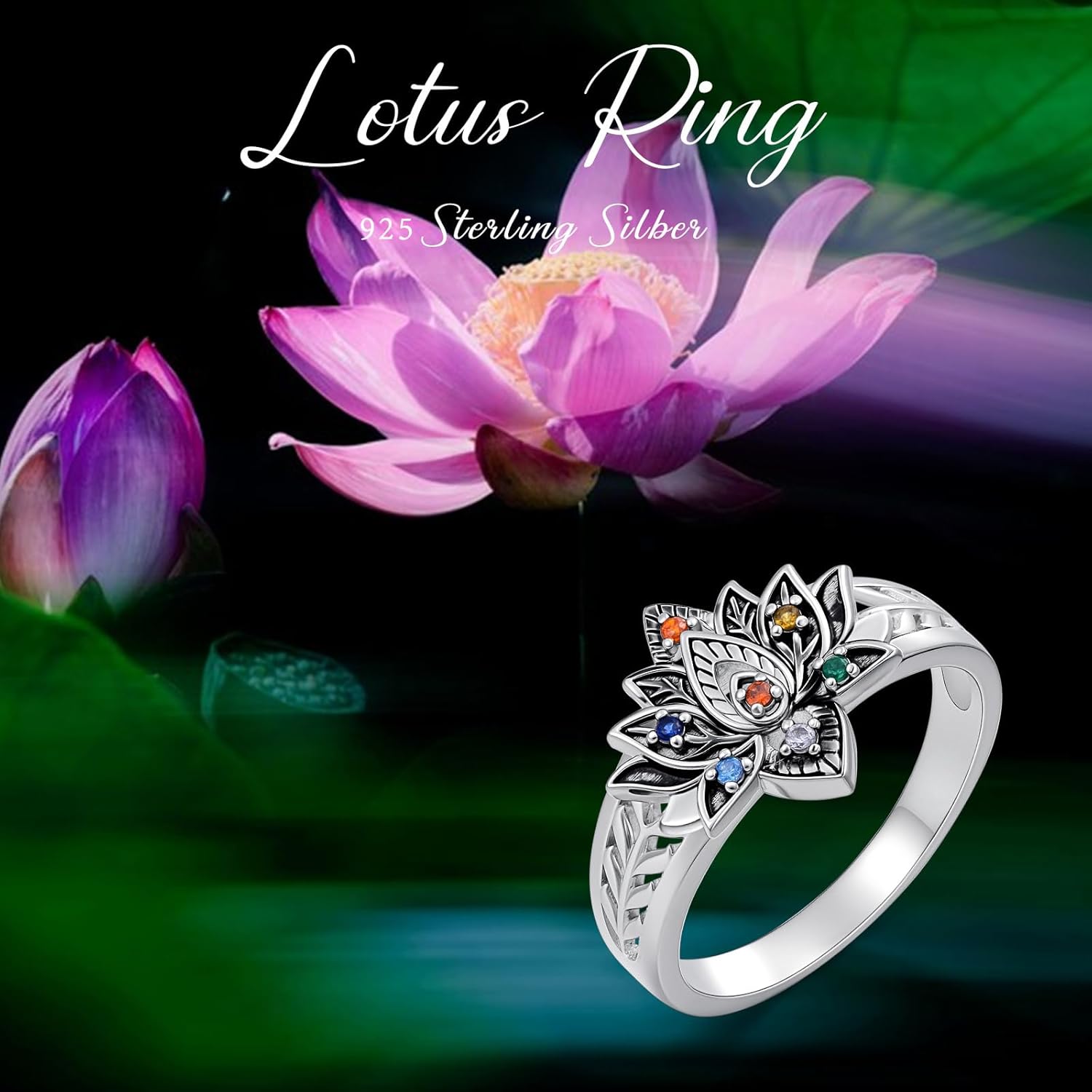 925 Sterling Silver Chakra Lotus Ring, 7 Colored Gemstones, Vintage Balance Yoga Style, Size 8 - Image 5