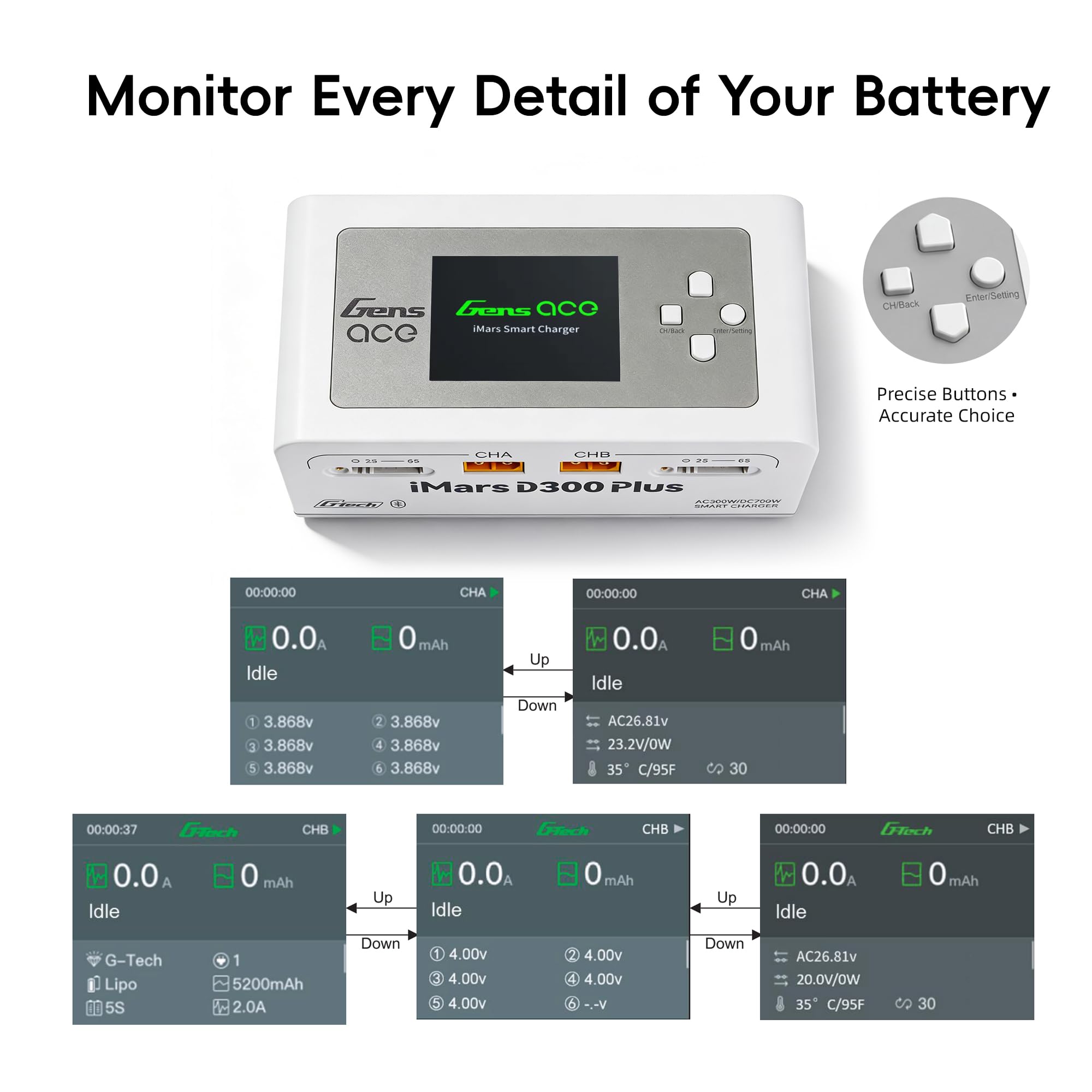 Gens Ace IMARS D300 Lipo Caricabatterie G-Tech Series Dual Lipo Charger 16A AC 300W Smart Fast Balance Charger per RC 1S 2S 3S 4S 5S 6S Lipo Batterie, LiHV/Life/Li-lon/NiMH Ricarica rapida