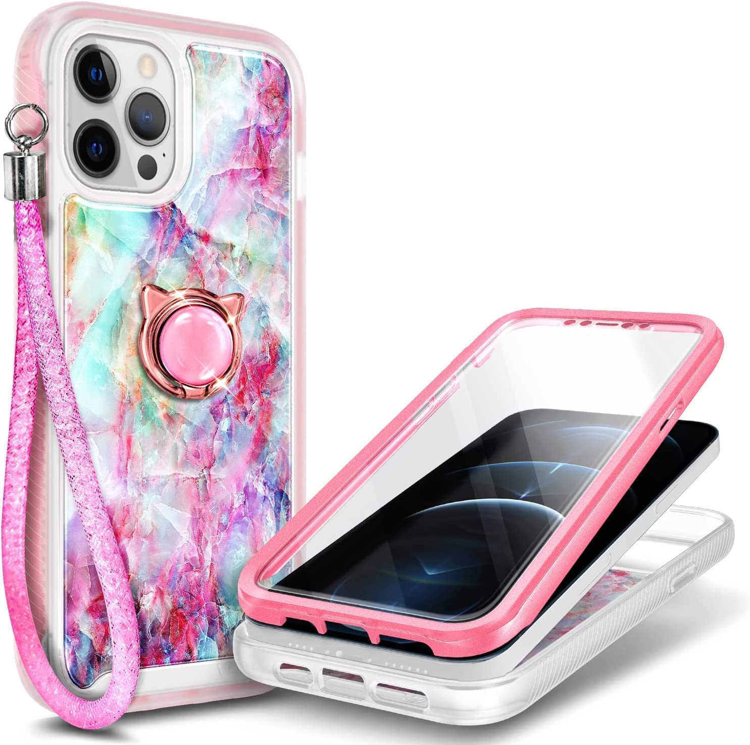 NGB Supremacy Compatible with iPhone 12/12 Pro Case (6.1 Inch), Full Body Protection with [Built-in Screen Protector] Ring Holder/Wrist Strap, Slim Fit Shockproof Bumper Durable Case (Marble Fantasy)
