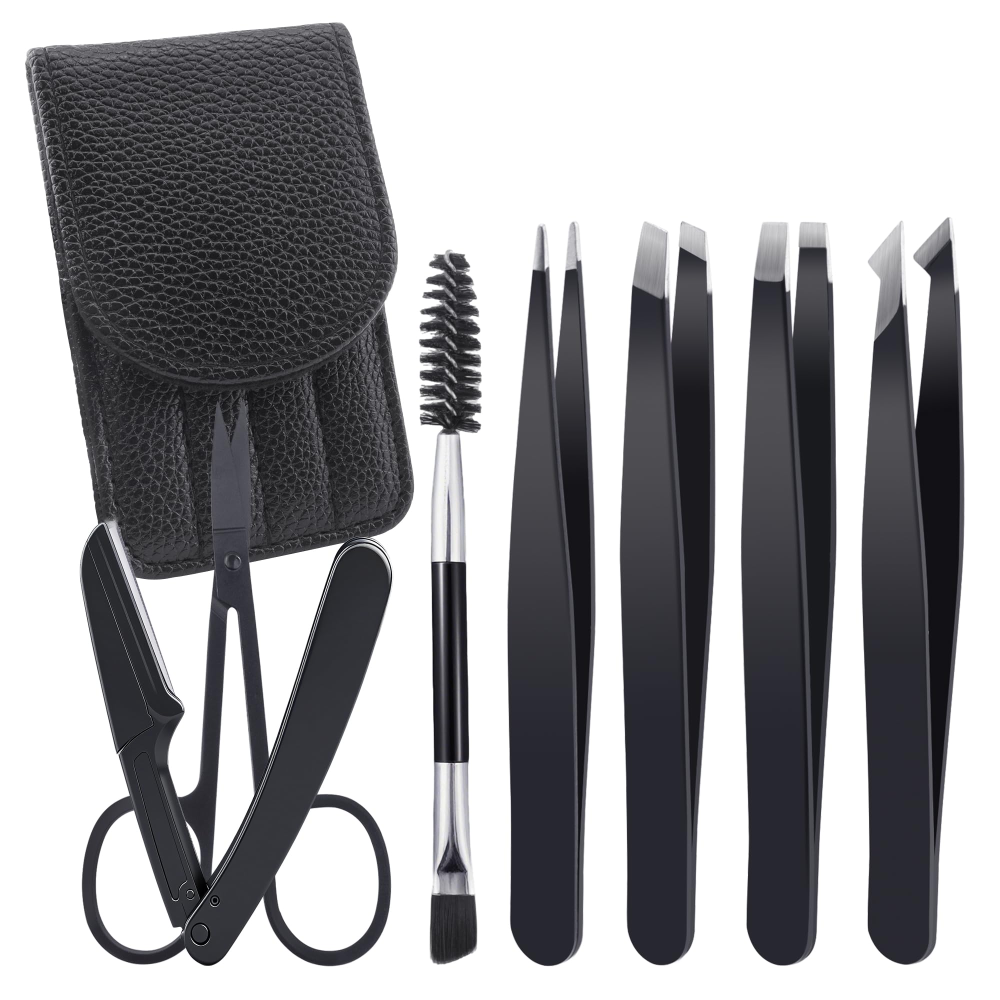 BlingKingdom Eyebrow Tweezers Kit Stainless Steel Precision Tweezers Set with Eyebrow Scissors for Eyebrow Blades Spooly Facial Recessed Hair Eyelash Extension Black-image-3