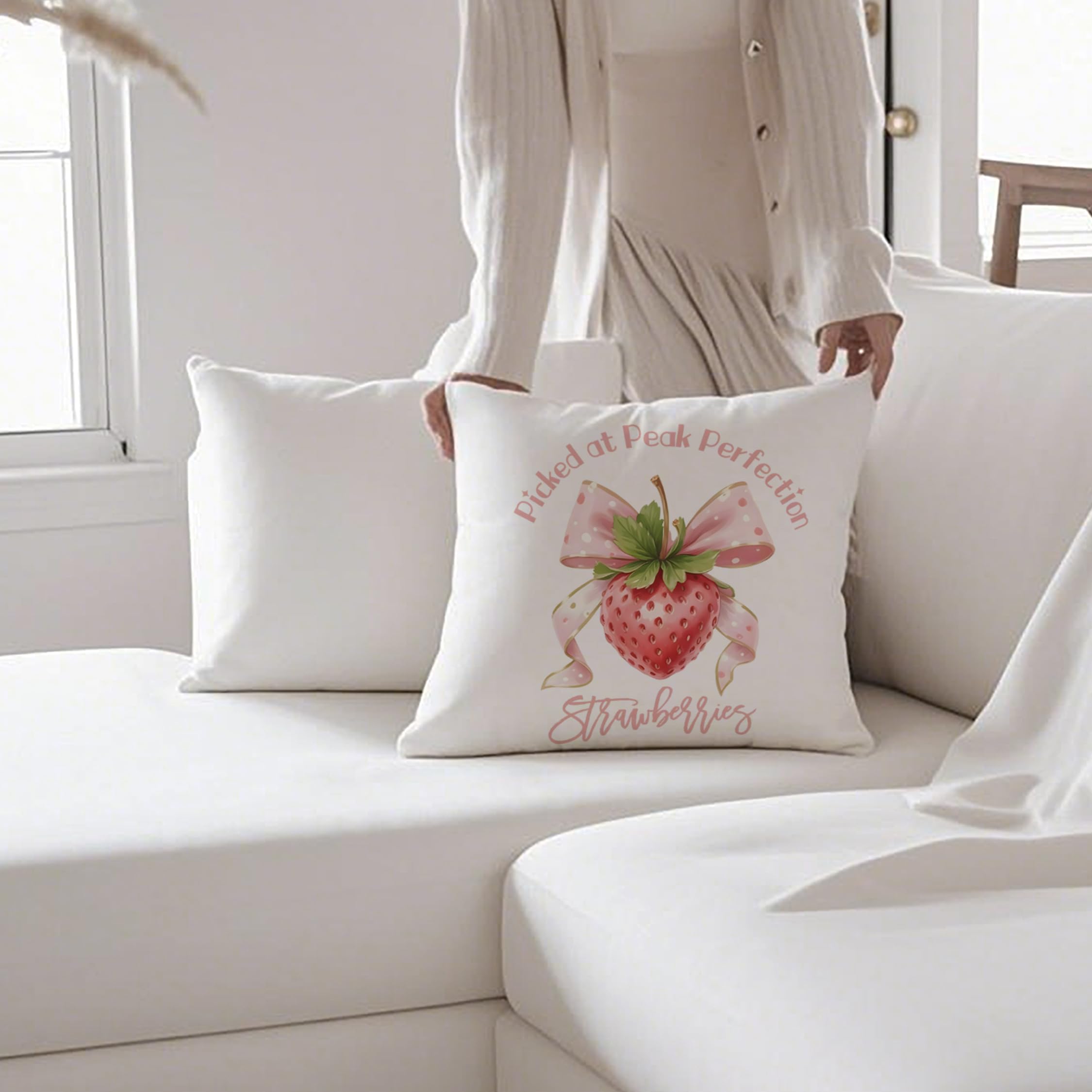 Forest Charger Pink Strawberry Pillow Case 18x18 - 'Picked at Peak Perfection' with Bow, Fruit Decor Throw Pillow Cover, Farmhouse Kitchen Gift for Women & Girls