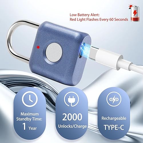 Miniatura 4 de Candado de huellas dactilares, cerradura biométrica sin llave, resistente al agua, recargable por USB, cerradura inteligente para estanterías,