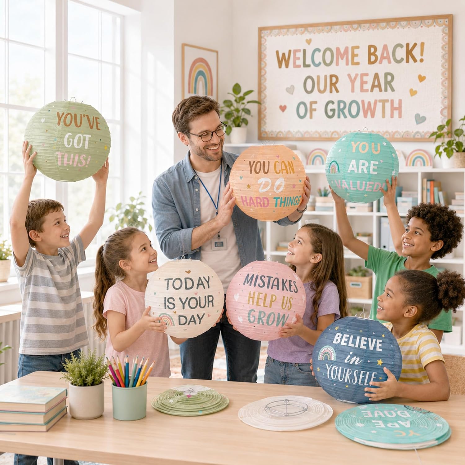 6Pcs 8Inch Boho Rainbow Hanging Paper Lanterns Classroom Decoration Inspirational Round Paper Lanterns Positive Affirmations Hanging Ceiling Decorations for Back to School Classroom Decor