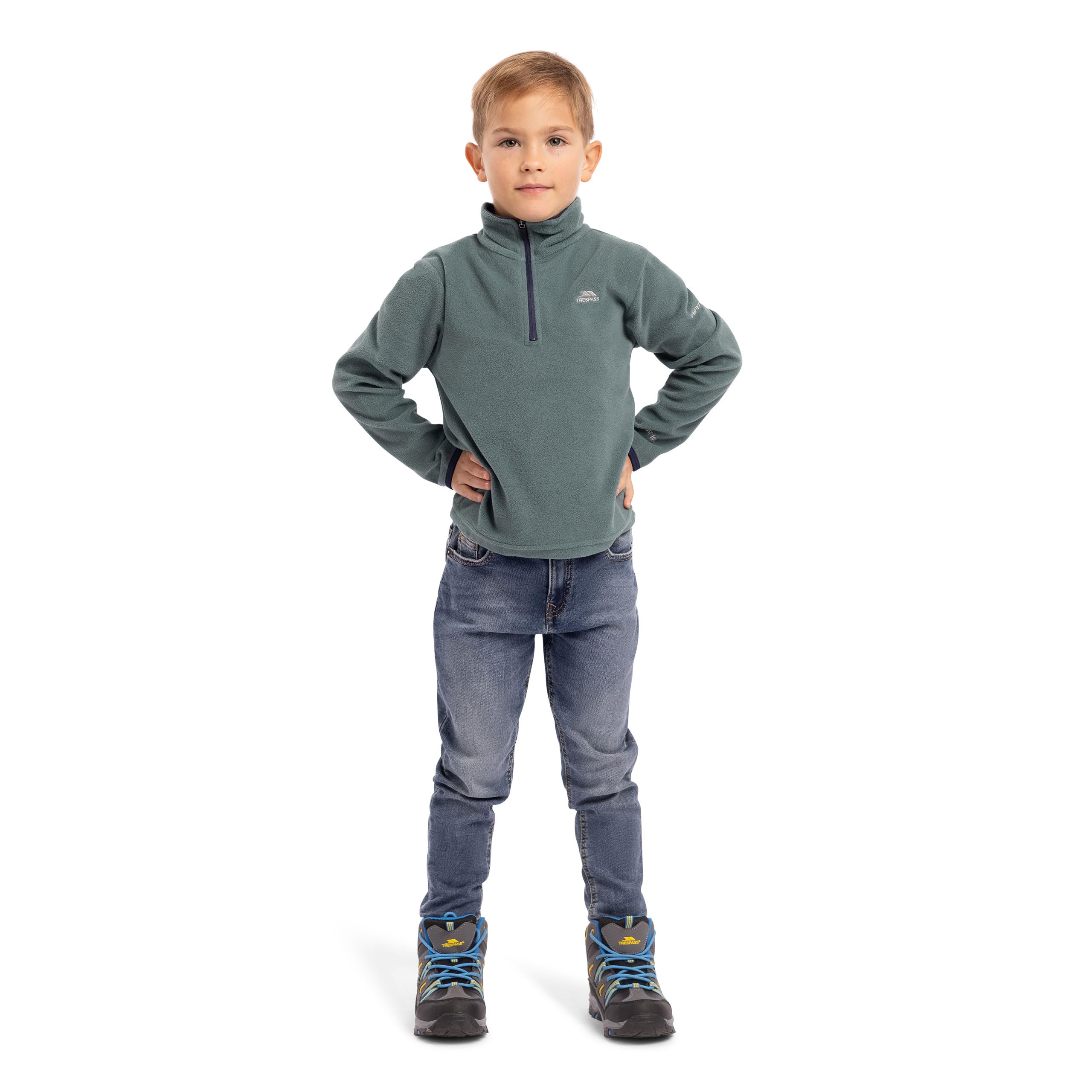 Trespass Boys Spruce Green Fleece Jumper - Lightweight Warm Half Zip Pullover With Contrast Binding On Cuffs, Contrast Inner Collar, 1/2 Zip In Contrast Colour, 100% Polyester Microfleece